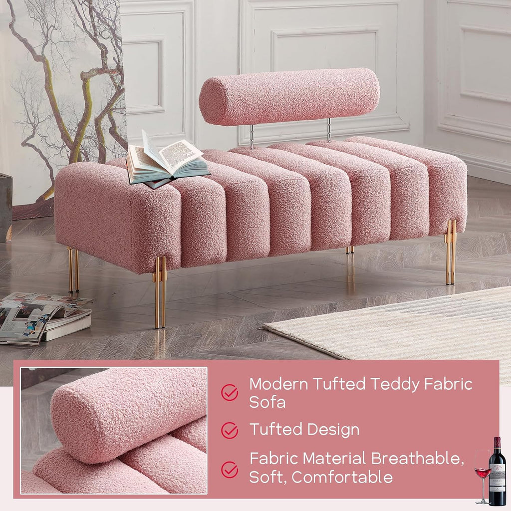 NIOIIKIT 53.2' Modern Loveseat Sofa Couch, Upholstered Accent Sofa with Golden Legs and Adjustable Backrest, Small Teddy Fleece Couches for Bedroom, Living Room, Compact Small Space (Pink Teddy)
