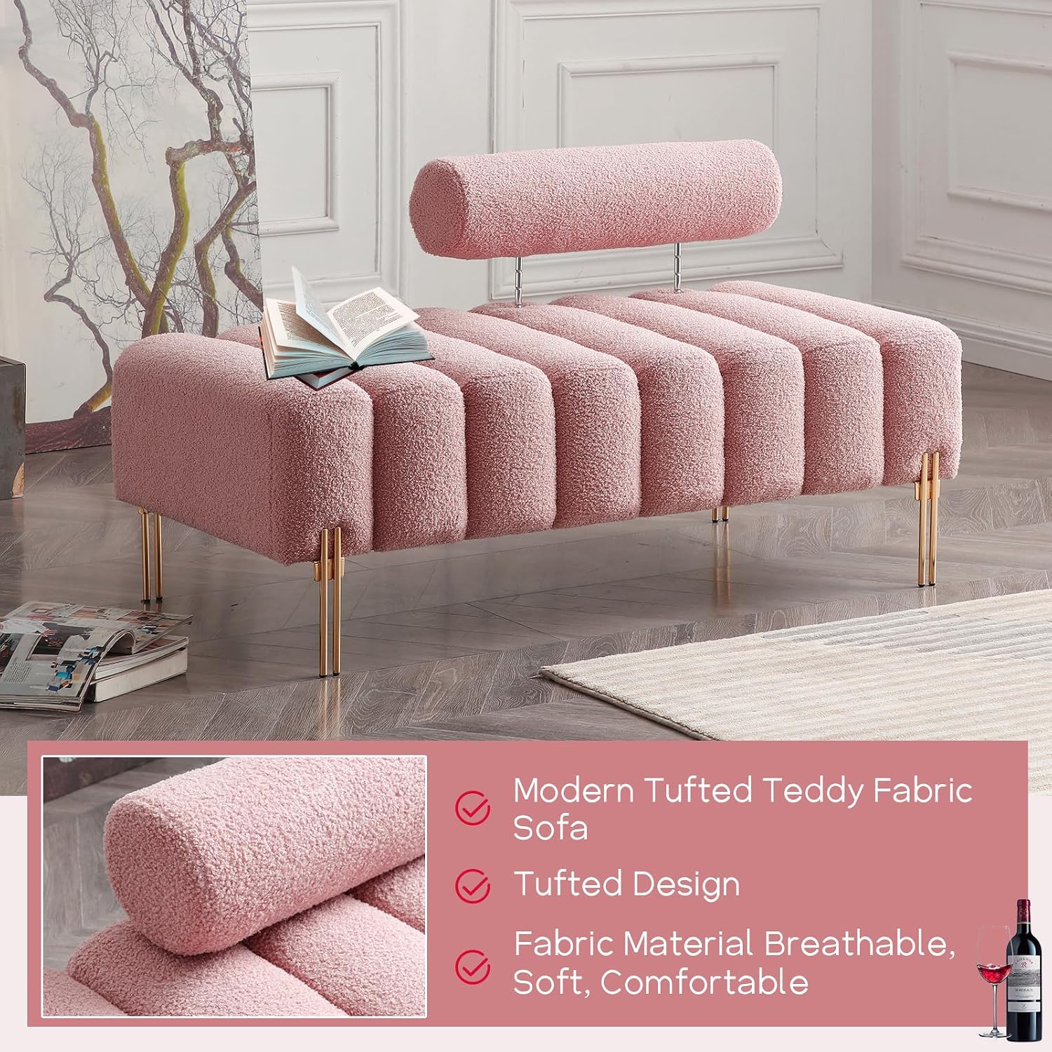 NIOIIKIT 53.2' Modern Loveseat Sofa Couch, Upholstered Accent Sofa with Golden Legs and Adjustable Backrest, Small Teddy Fleece Couches for Bedroom, Living Room, Compact Small Space (Pink Teddy)