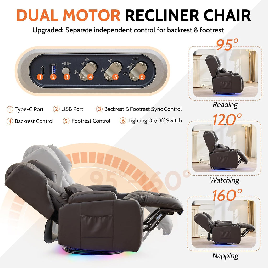 BINGTOO Dual Motor Power Swivel Rocker Recliner Chair with Massage & Heat, Electric Wall Hugger Glider Chair for Adults, Nursery with LED Lights, USB-C Ports & Cup Holders, Faux Leather Brown, 1 Chair