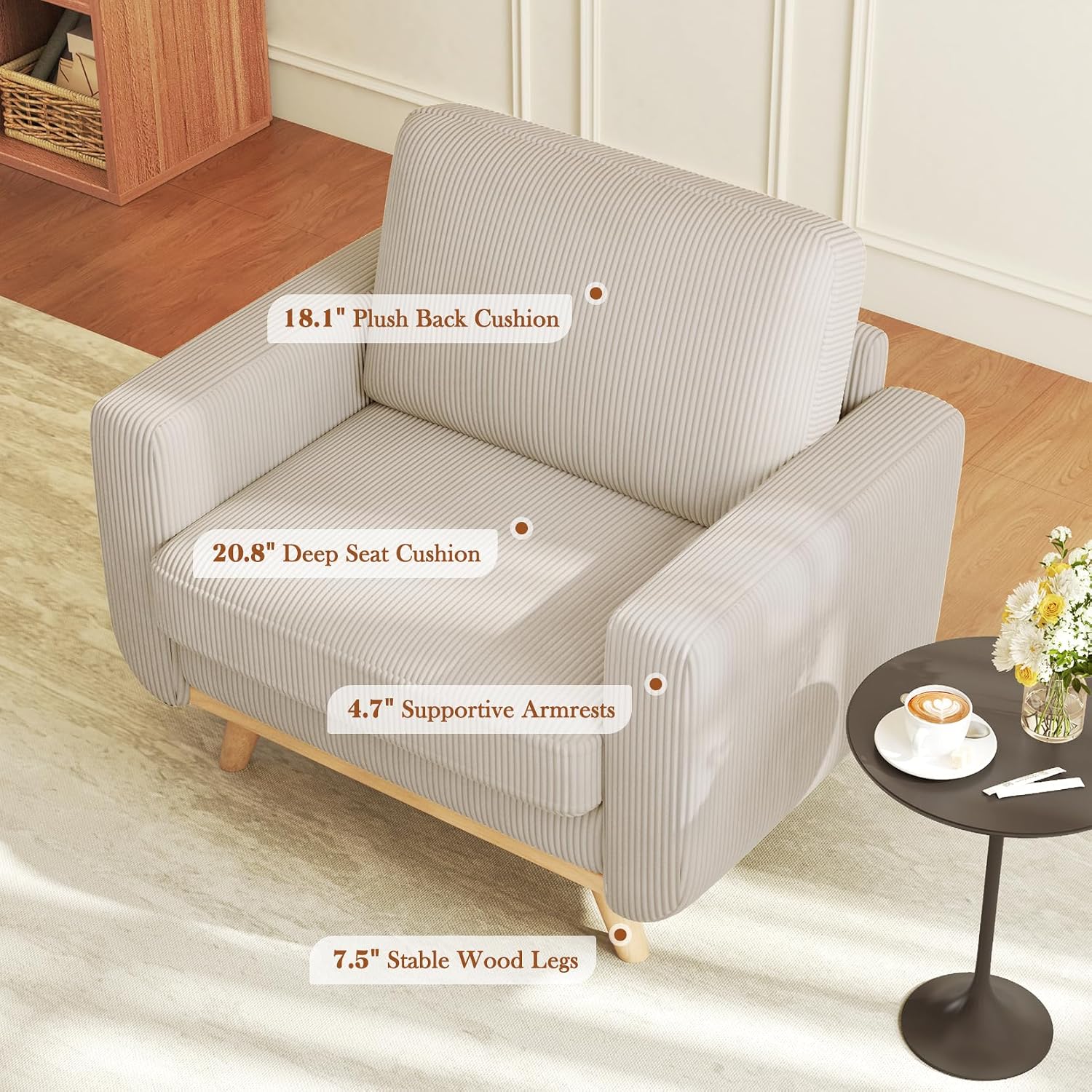 Vesgantti 38.5' Accent Chair Light Gray, Comfy Corduroy Single Sofa Seat with Spring Cushion, Upholstered Armchair with Deep Seat, Reading Chair for Adults, Modern Sofa for Living Room, Bedroom