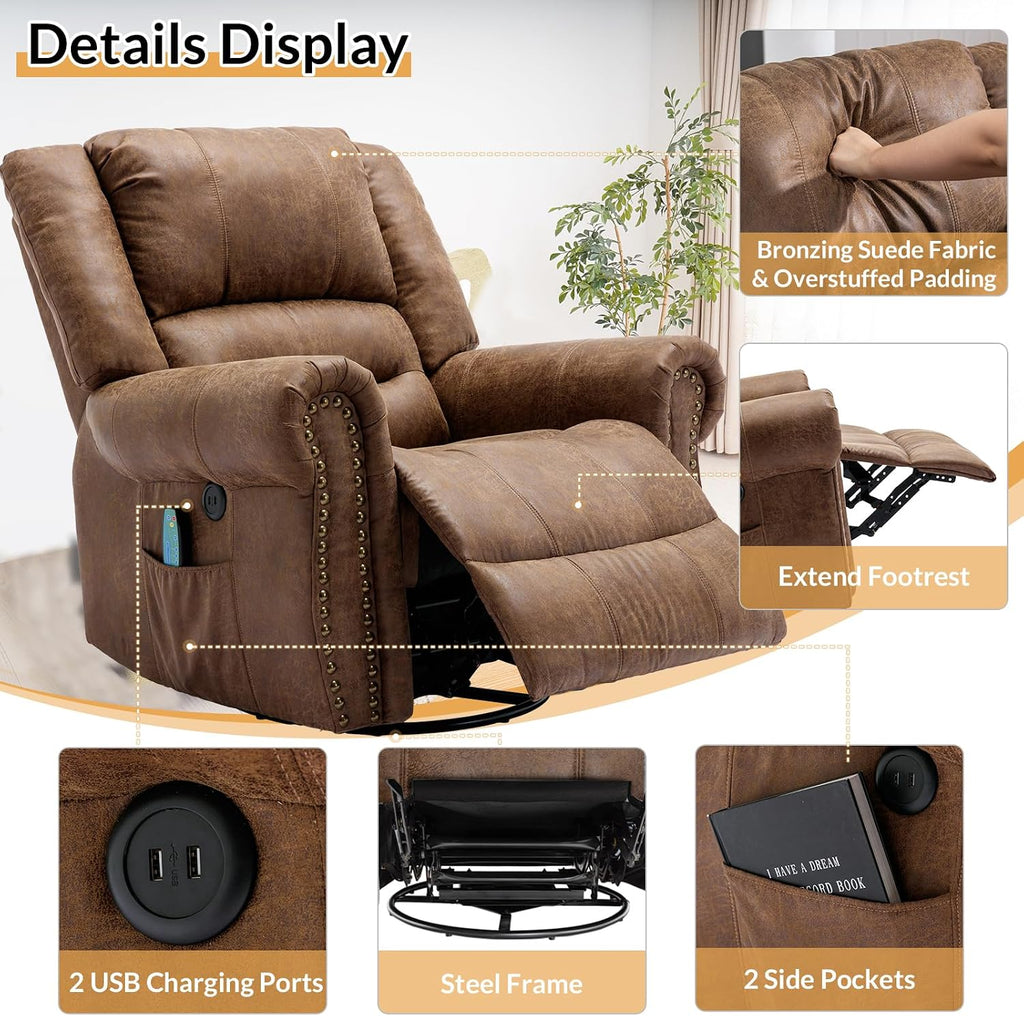 Manual Massage Recliner with Heating Function, 360° Swivel Glider Rocking Recliner Chair for Living Room, Ergonomic Single Sofa Chair with Remote Control/USB Ports/Side Pockets(Brown)