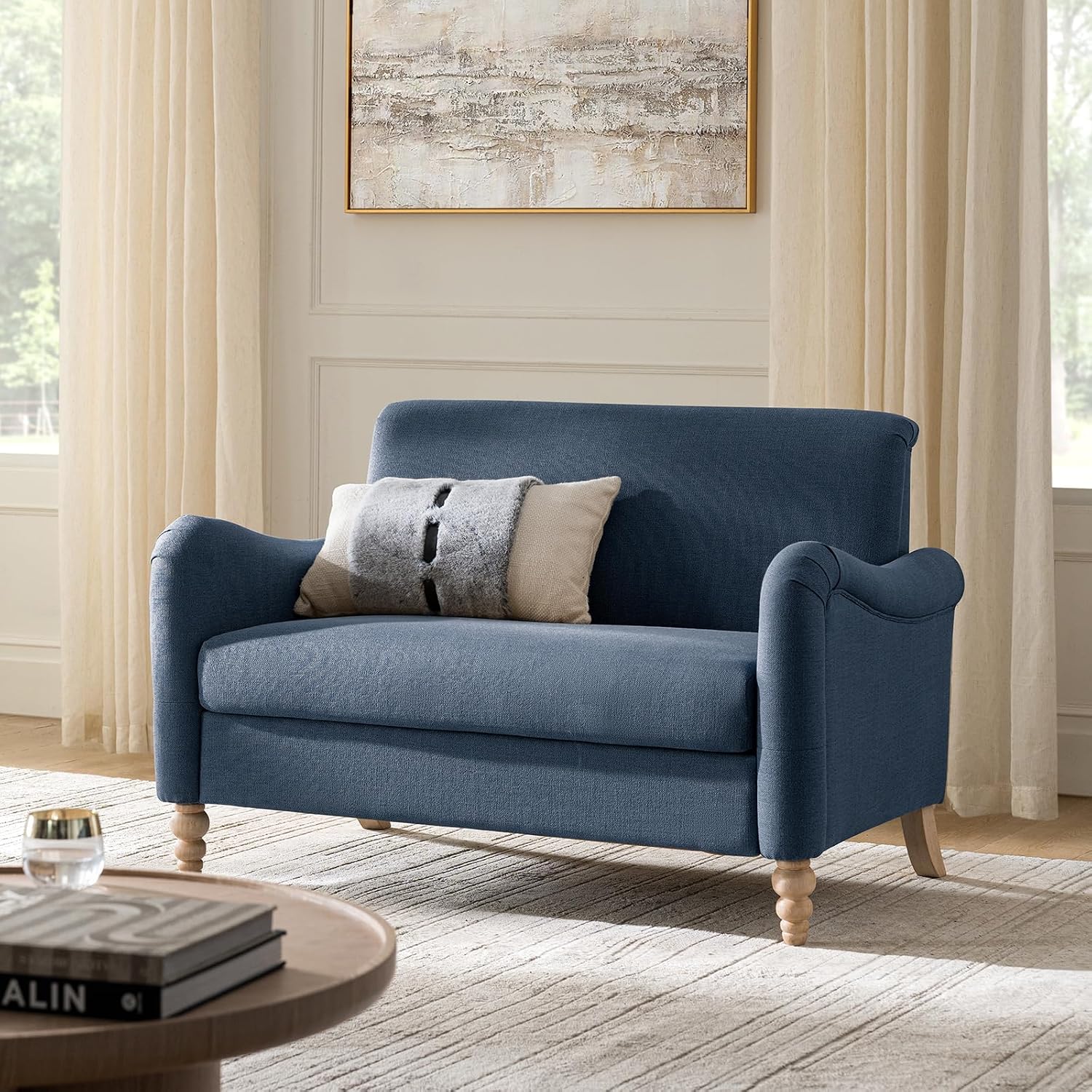 HULALA HOME 50.5' Loveseat Sofa with Stripe Pattern, 2 Seater Farmhouse Sofa with Rolled Wide Armrests and Rubber Wood Legs, Comfy Upholstered Small Couch for Living Room Bedroom, Navy