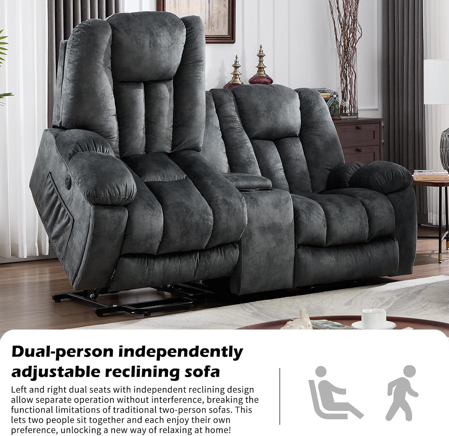 CANMOV Power Lift Loveseat for Elderly, Power Lift Recliner Sofa for Living Room, Electric Reclining Loveseat with Storage Console, Hidden Cup Holders, 2 Seat, Grey