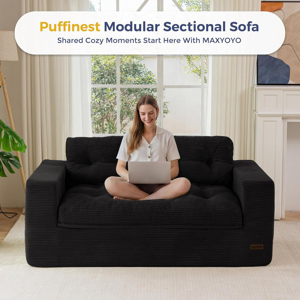 MAXYOYO Boneless Sofa Couch for Adults, Upholstered Floor Sofa with Armrests, Loveseat Couch with Cushion & Pillows, Sofa in A Box, Large Bean Bag Couch for Bedroom Living Room
