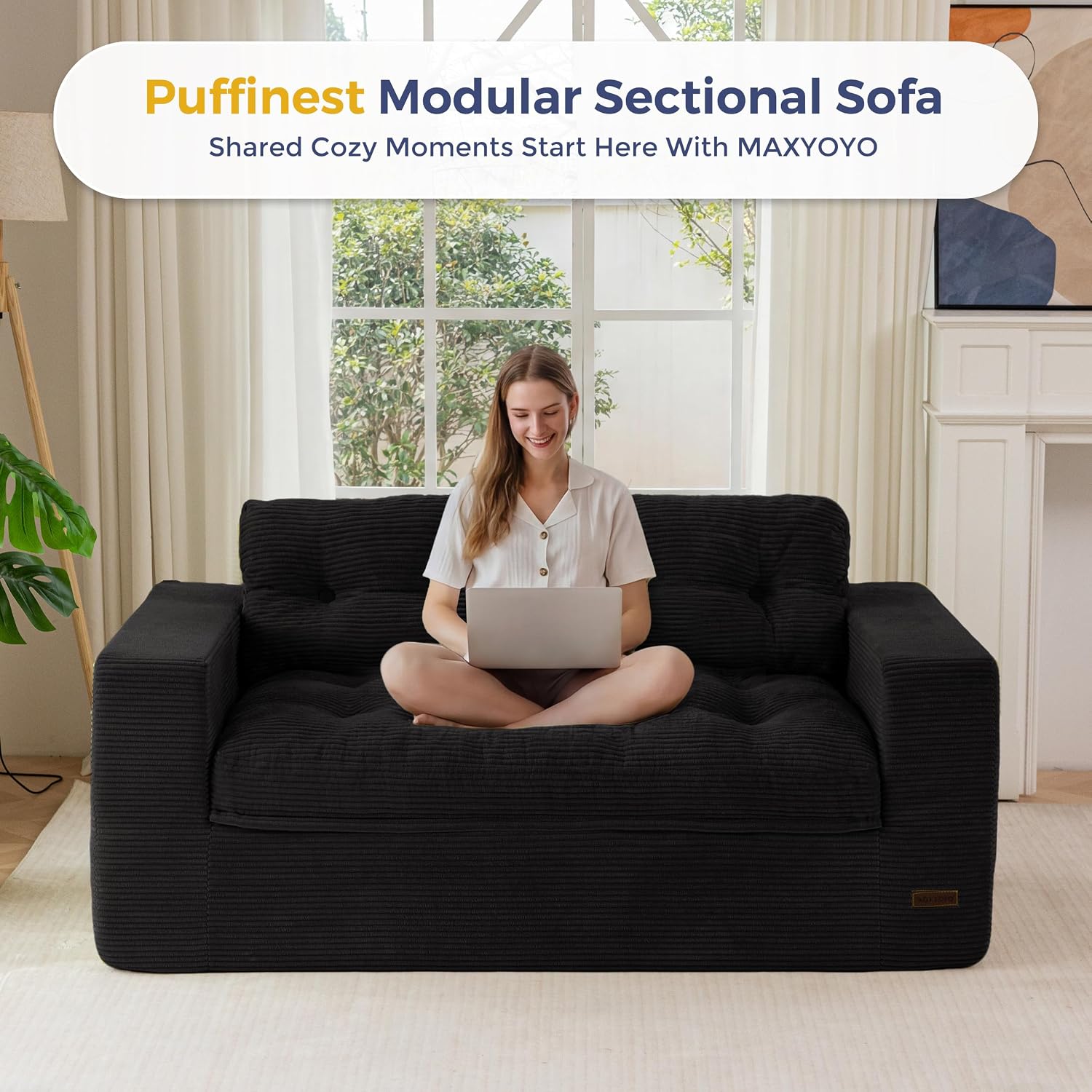MAXYOYO Boneless Sofa Couch for Adults, Upholstered Floor Sofa with Armrests, Loveseat Couch with Cushion & Pillows, Sofa in A Box, Large Bean Bag Couch for Bedroom Living Room