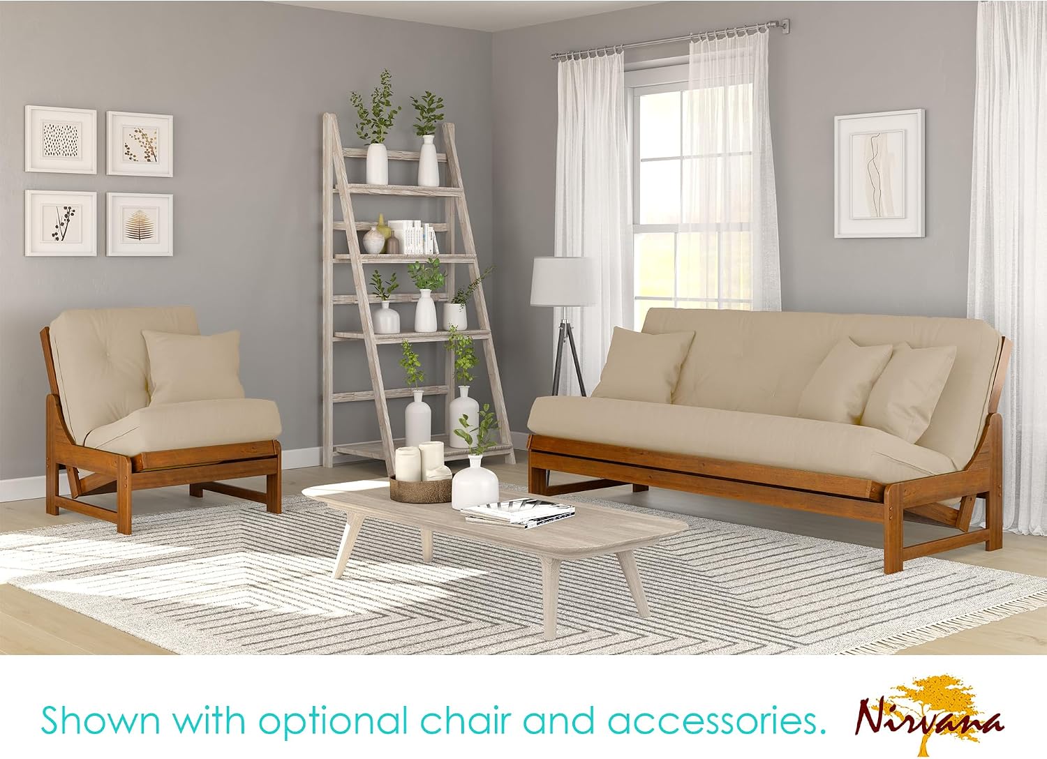Nirvana Futons Arden Futon Set - Queen Size, Frame, 8' Mattress, Twill Khaki Cover