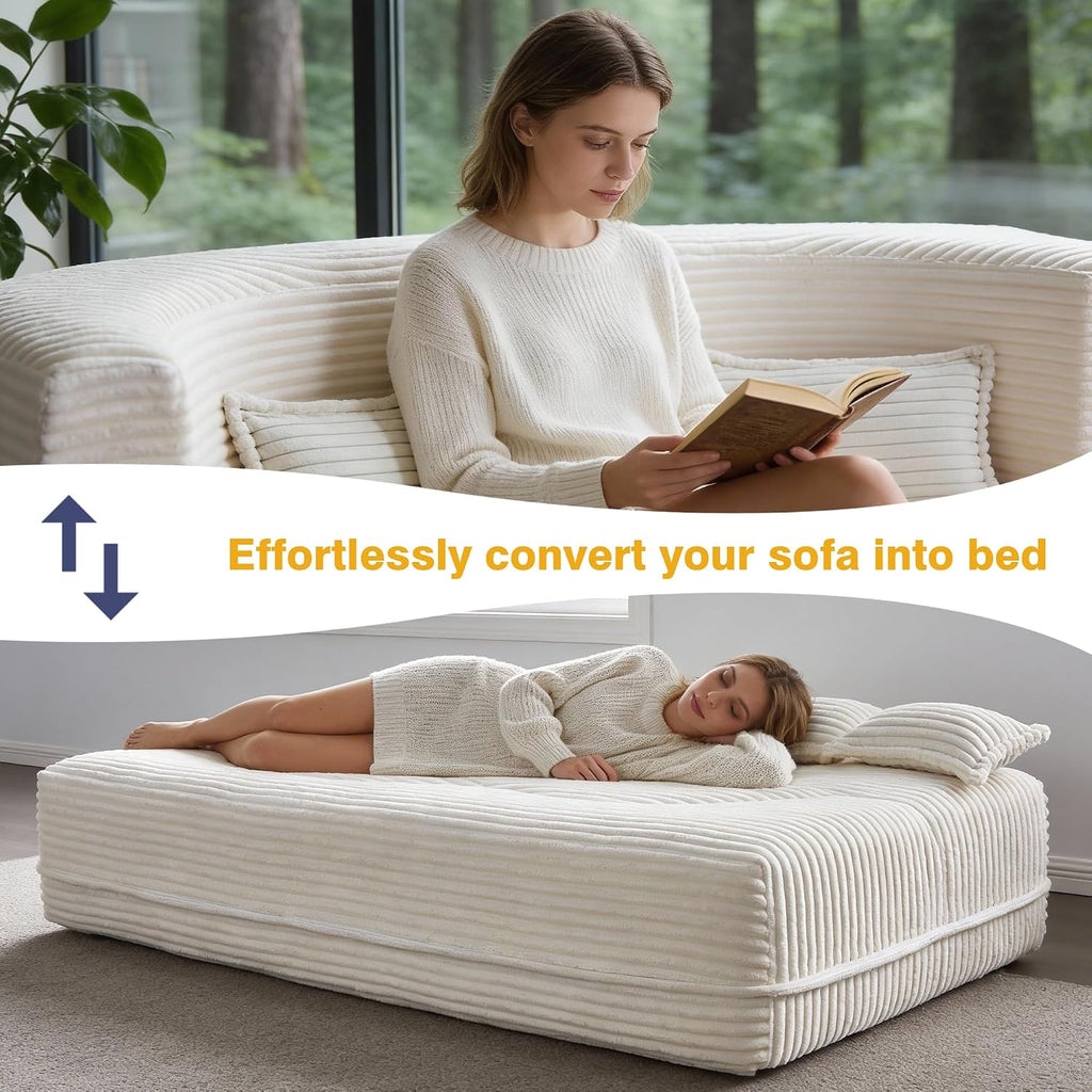 78' Twin Size Convertible Folding Sleeper Sofa Bed, Modern Corduroy Futon Sofa Bed with Pillow, Foam Mattress Loveseat Cloud Couch, No Assembly Floor Couches for Living Room, Playroom, Apartment Beige