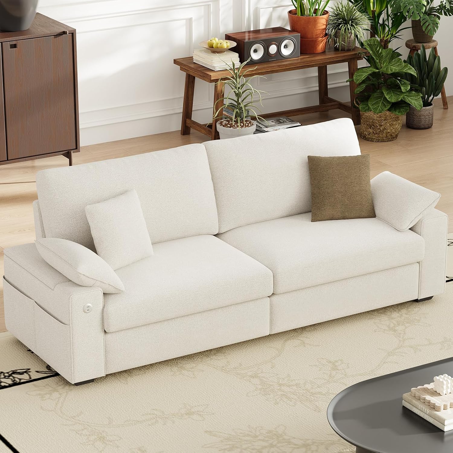 MALOL 89' Loveseat Sofa, Cloud Foam Couch, 3 Seater Upholstered Midcentury Mondern Love Seat with USB Type C Ports, 4 Pillows and Storage Armrest for Living Room/Small Spaces, Beige
