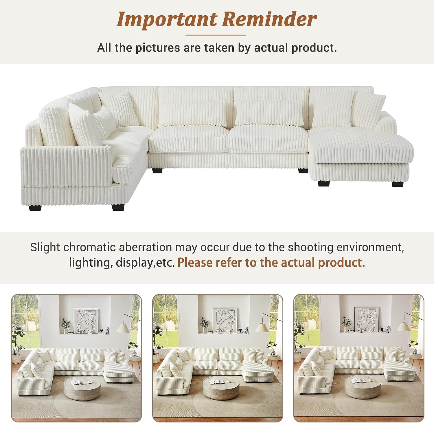 Ball & Cast 129' Oversized Sectional Sofa U-Shaped Sofa Couch with a Chaise Lounge Corduroy Modern Sofas Comfy Couches for Living Room, Beige