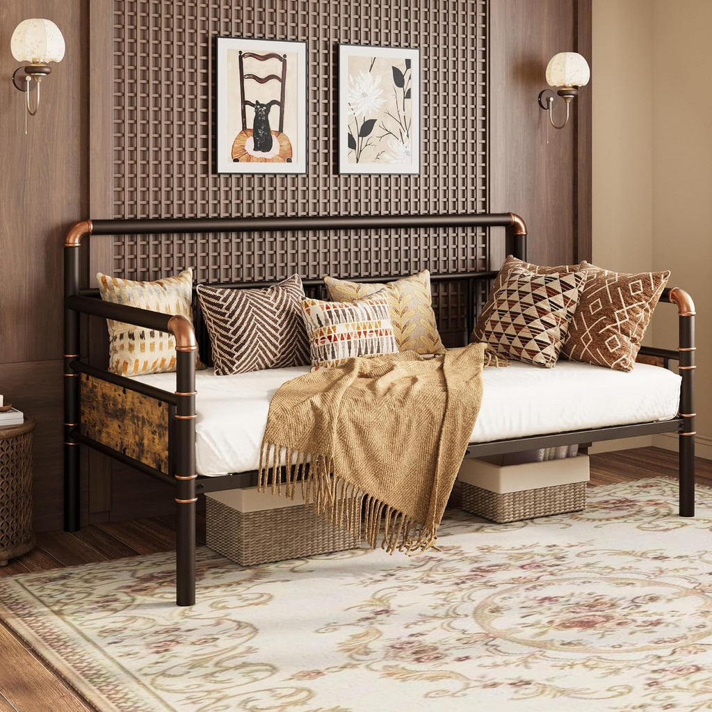 IDEALHOUSE Twin Daybed with Classic Headboard,Metal Twin Bed Frame Heavy Duty Steel Slats Support,Sofa BedFrame for Living Room, Guest RoomNoise Free, No Box Spring Needed, Brown