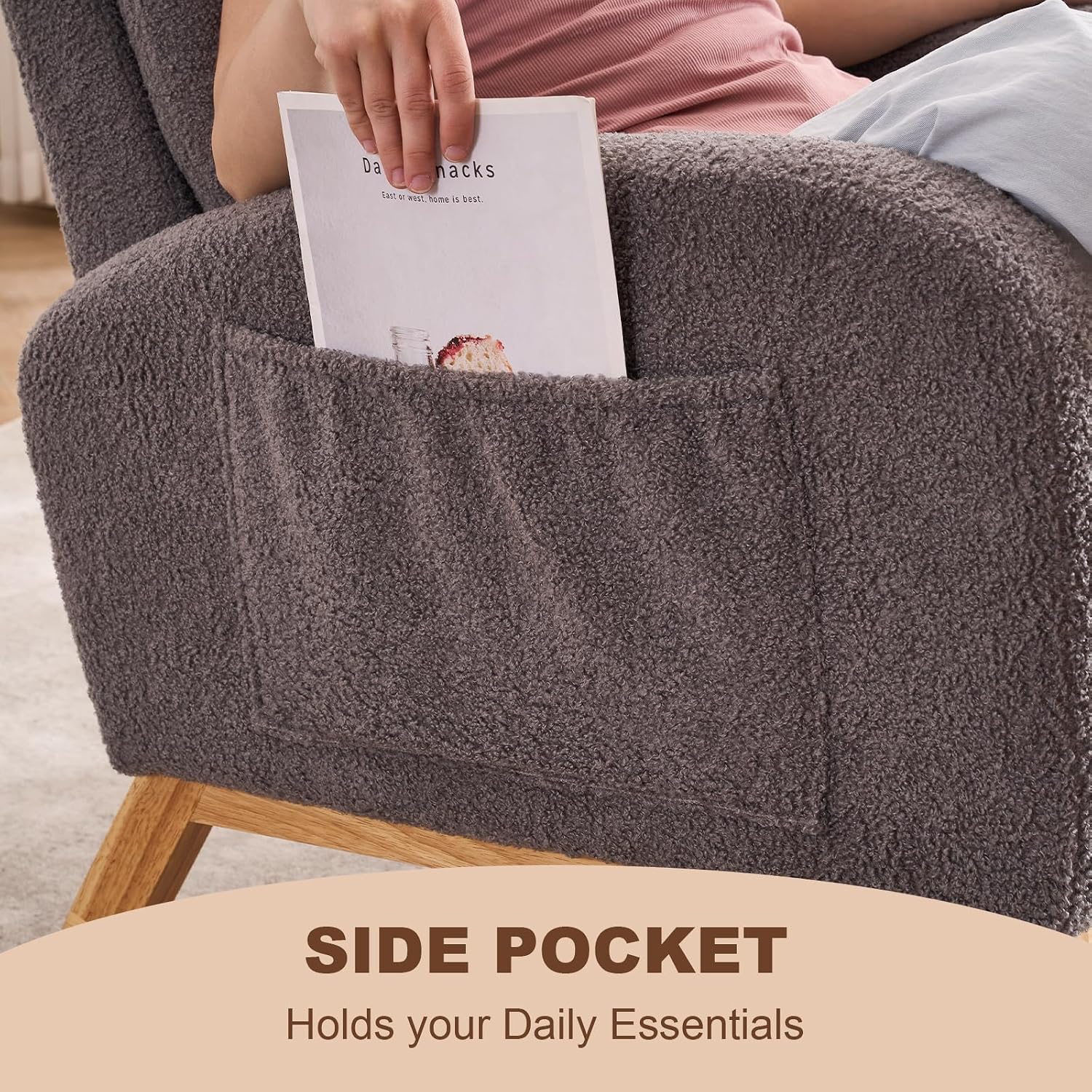 Nursery Rocking Chair,Rubber Wood Base Glider Rocking Chair with Adjustable Footrest and Side Pocket,Teddy Fleece Glider Rocker for Living Room, Bedroom (Teddy Fleece, Dark Gray)