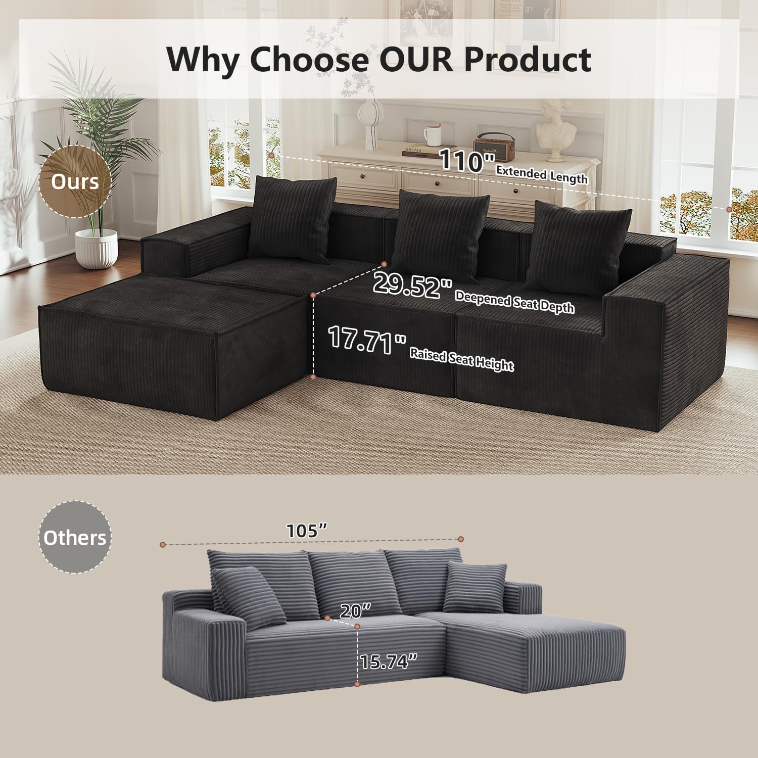 110' Sectional Couches for Living Room, 3 Seat Grey Corduroy Convertible Boneless Couches Sofa Bed with Pillows, Home Sofa Living Room Bedroom, Memory Foam Modular Couch Daybed Lazy Floor Bed