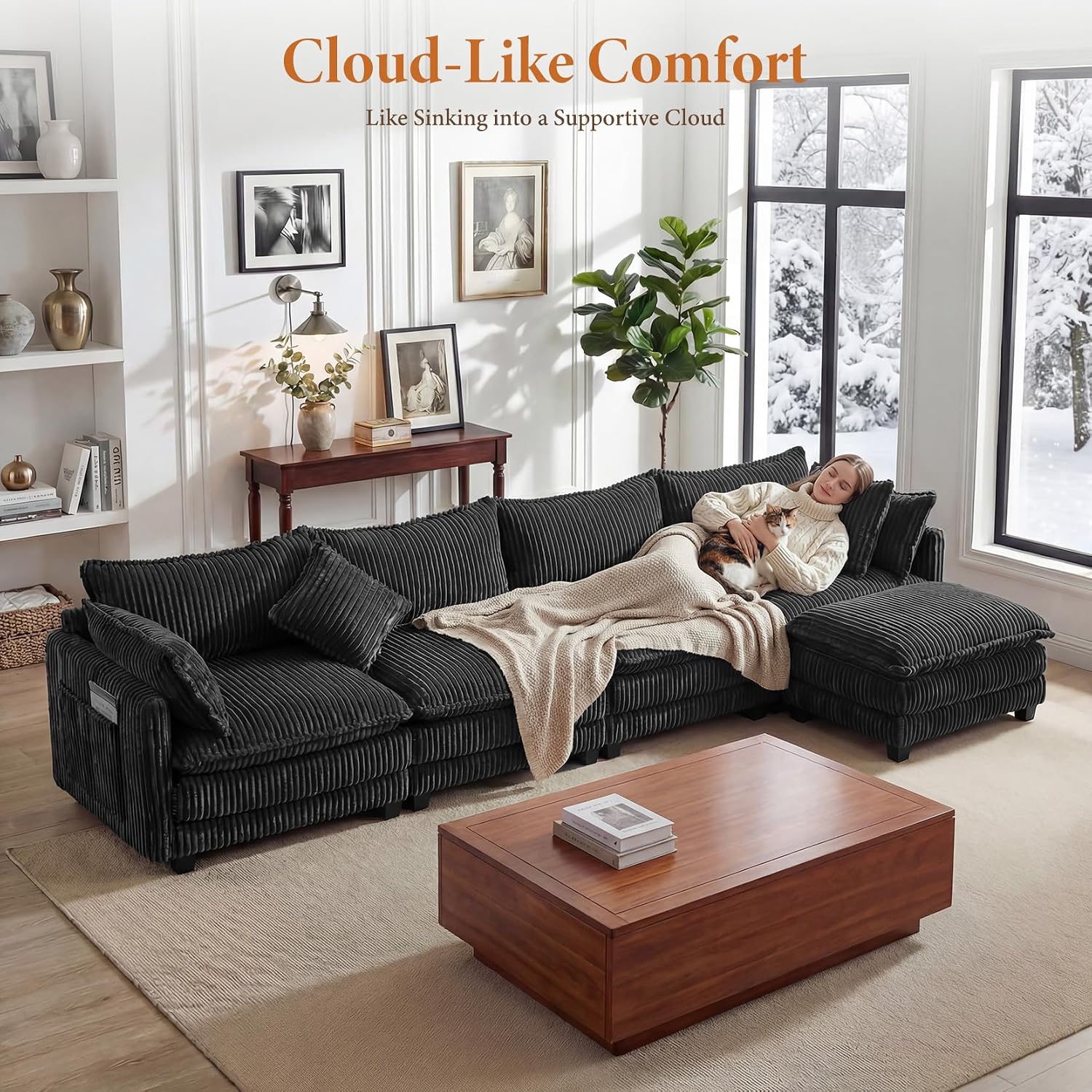 Vesgantti 143' L Shaped Modular Sectional Couch, Comfy Corduroy Upholstered Cloud Couches for Living Room, Modern 3 Seater Sofa with Movable Ottoman & Throw Pillows, Dark Grey