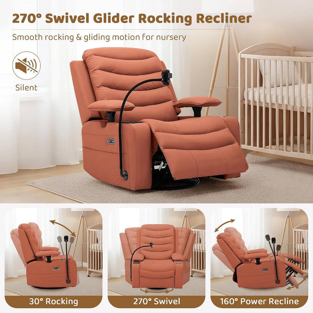 Olela Power Glider Recliner Nursery Chair, PU Leather Swivel Rocking Chair with Electric Lumbar Support, USB Charging, Smart Cup Holder, Light, Adjustable Armrest, Wireless Phone Charger Holder