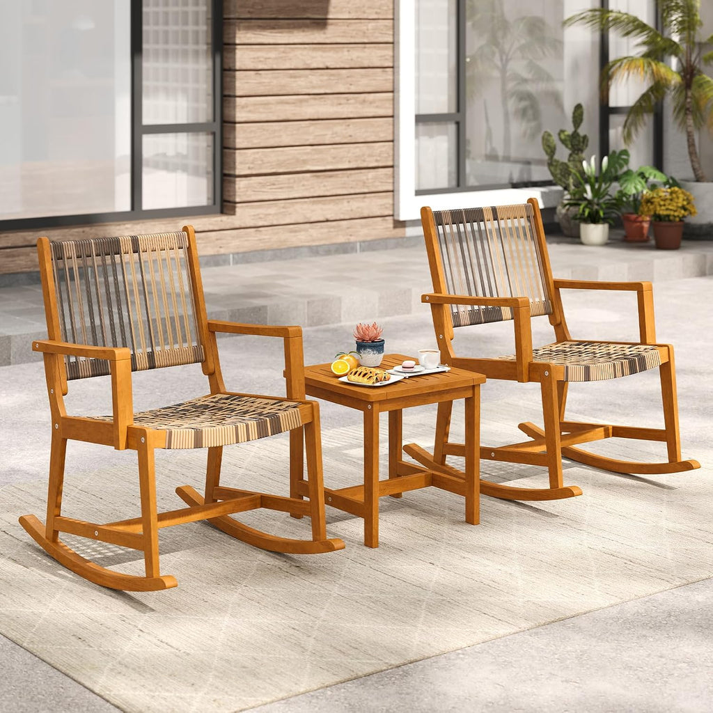 Tangkula 3 Piece Patio Rocking Set, Acacia Wood Rocker Bistro Set w/Rattan Seat & Back, 2 Outdoor Armchairs w/Square Side Table for Porch, Balcony, Backyard