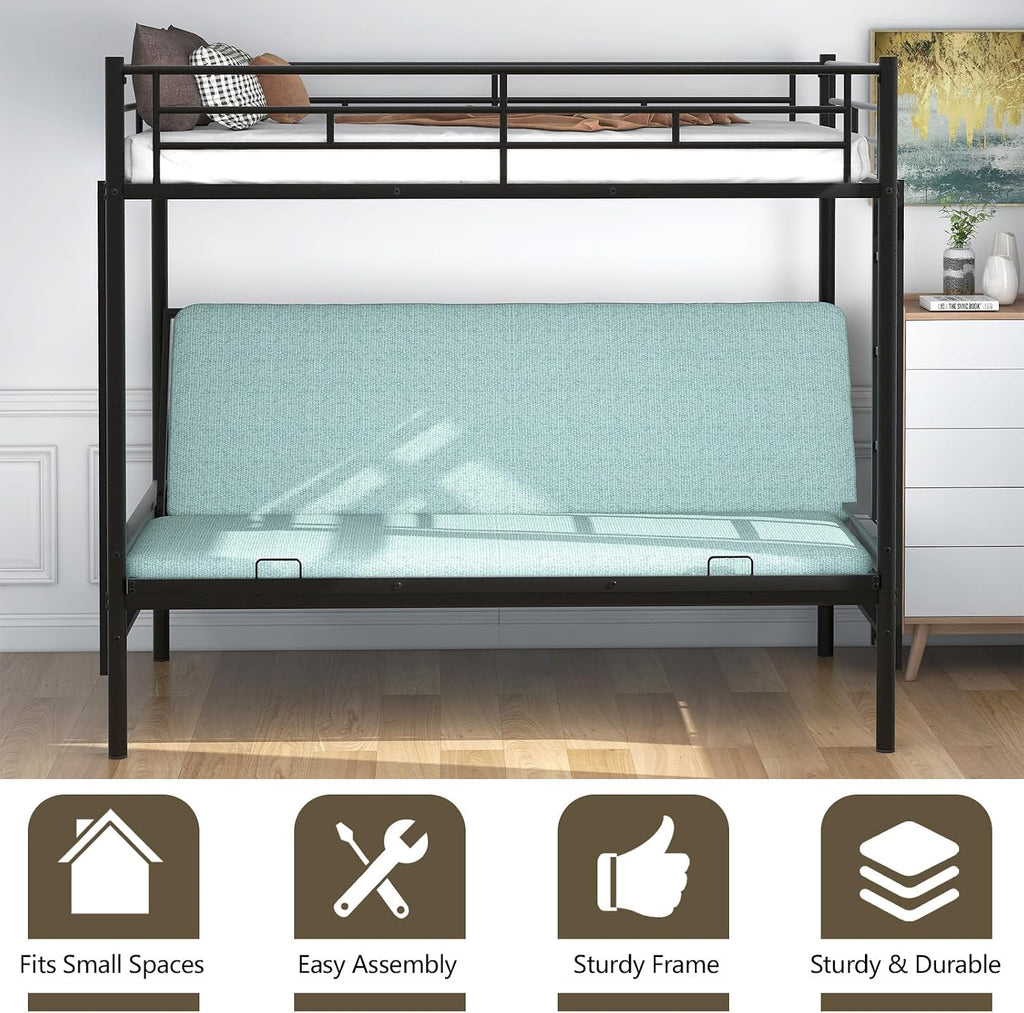 Anwick Twin-Over-Futon Convertible Couch and Bed, Metal Futon Bunk Bed with Guardrails and Ladder, Sturdy Steel Foldable Sofa-Bed for Kids Adults Teens (Twin Over Full Metal Bunk Bed, Twin)
