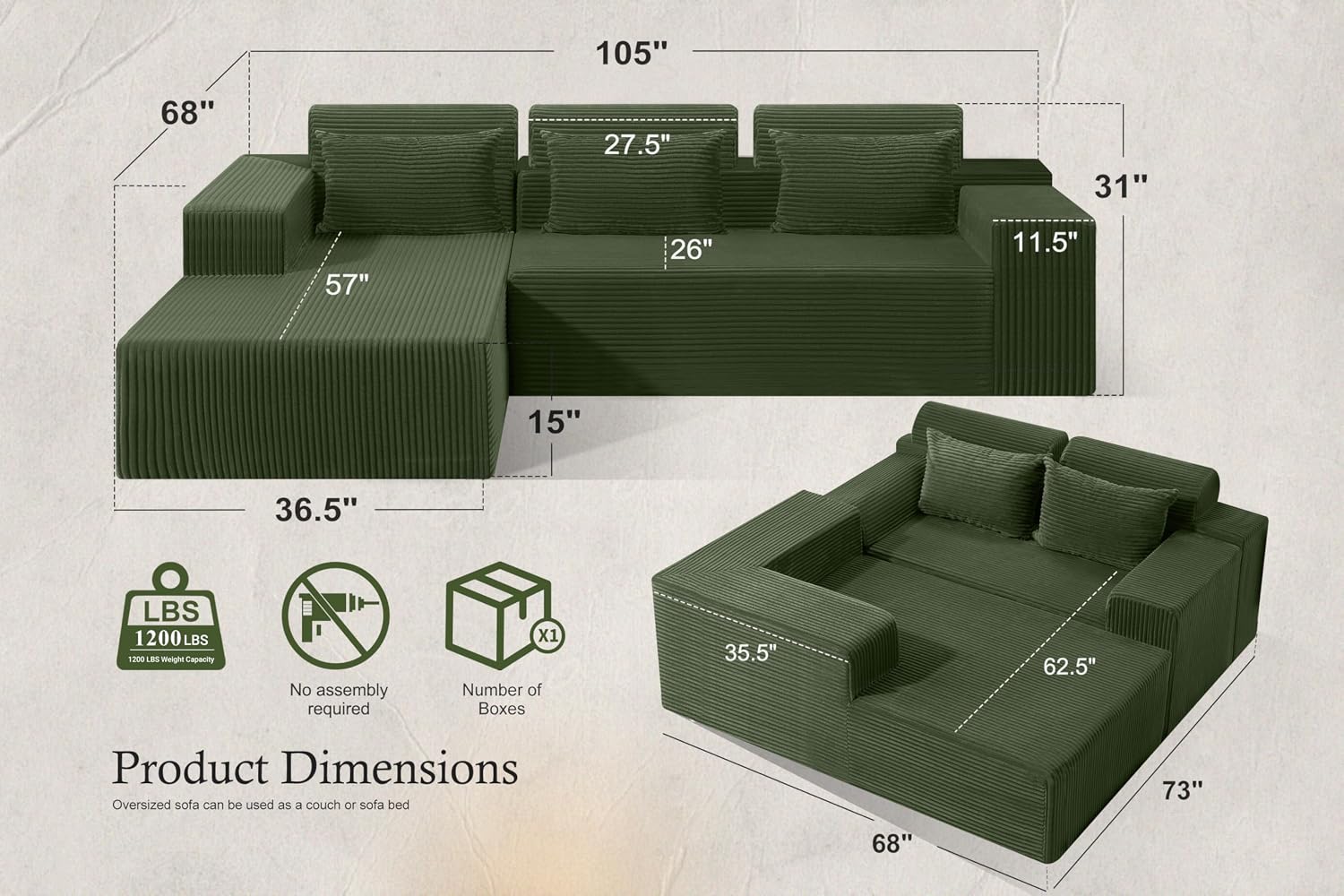 HABUTWAY Sectional Couches for Living Room,No Assembly L Shaped Couch 105' Modular Sectional Sofa Couch with Deep Seat,Cloud Couches Furniture Sets for Apartment,Corduroy (Green, Left Facing)