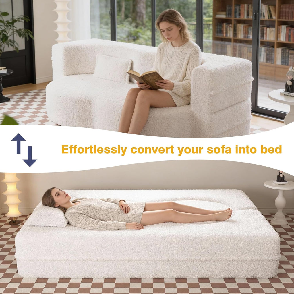 78' Twin Size Convertible Folding Sleeper Sofa Bed, Modern Teddy Fabric Futon Sofa Bed with Pillow, Foam Mattress Loveseat Cloud Couch, No Assembly Floor Couches for Living Room, Apartment, Beige