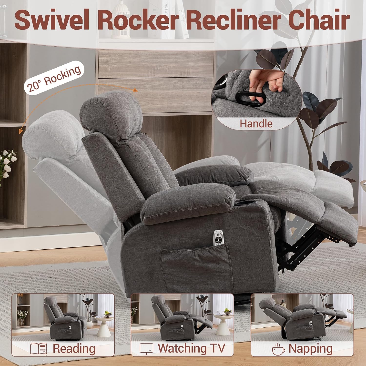 Rocker Recliner, Glider Recliner Chairs for Adults, 360° Swivel Recliner Chair w/Massage and Heating, Nursery Chair with Rocking Function, Side Pocket, Cup Holders for Living Room, Bedroom, Grey