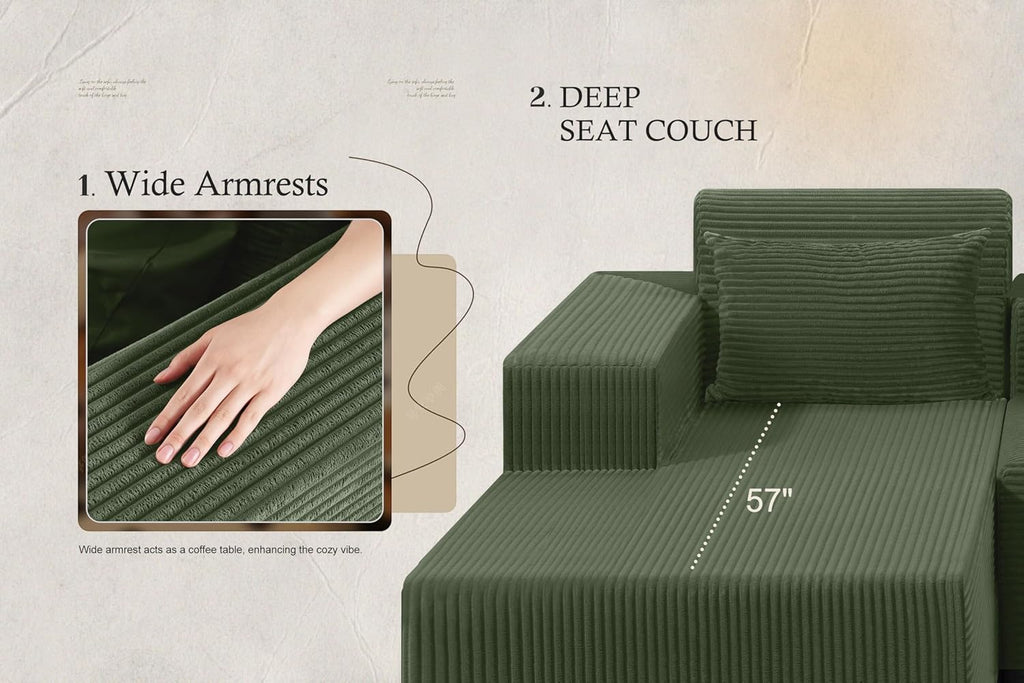 HABUTWAY Sectional Couches for Living Room,No Assembly L Shaped Couch 105' Modular Sectional Sofa Couch with Deep Seat,Cloud Couches Furniture Sets for Apartment,Corduroy (Green, Left Facing)