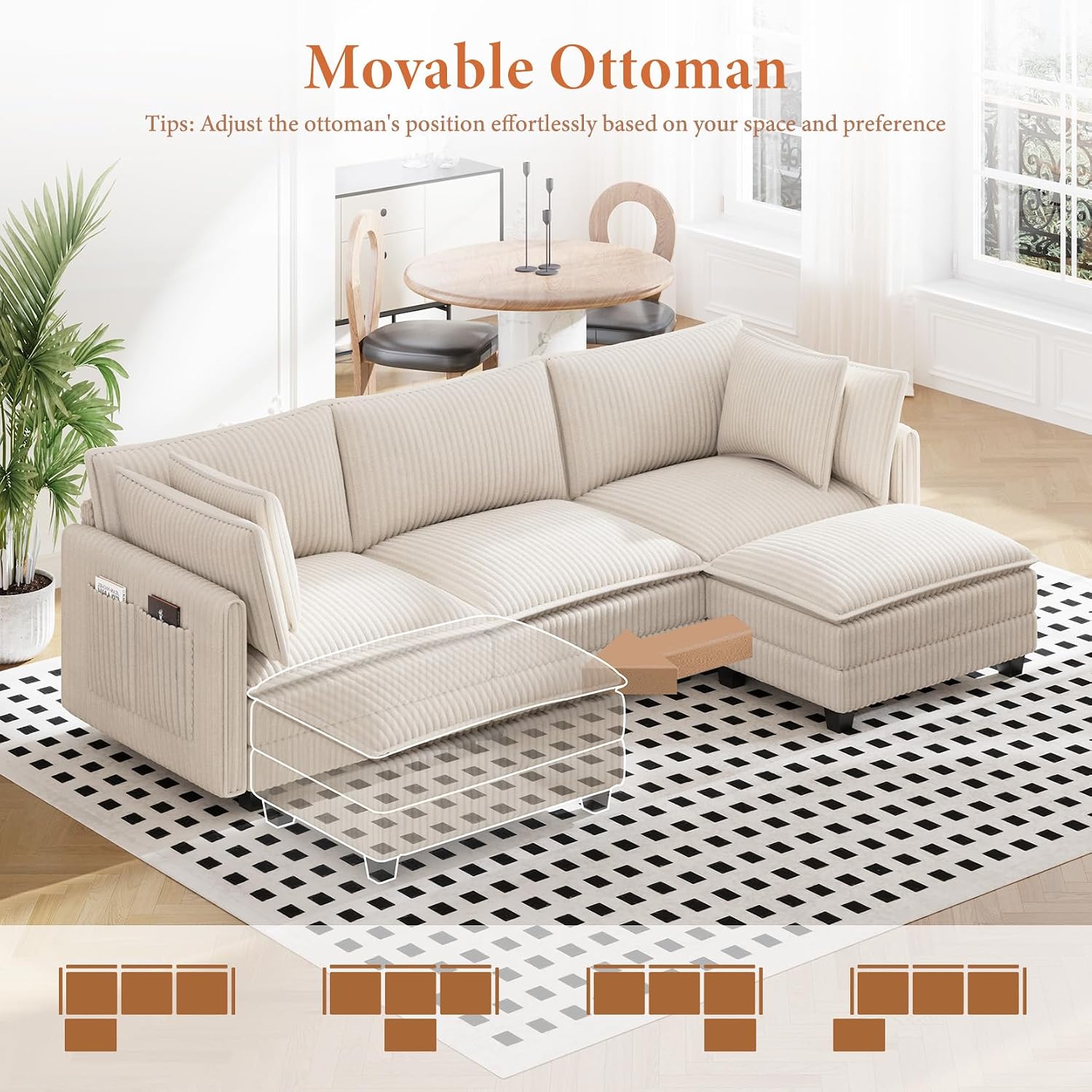 Vesgantti 109' L Shaped Cloud Sectional Couch, Comfy Corduroy Upholstered Modular Couches for Living Room, Modern 3 Seater Sectional Sofa with Ottoman Deep Seat, Beige