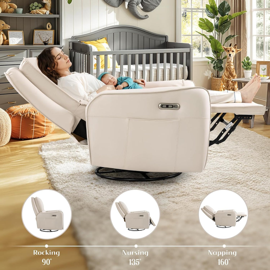 Power Recliner Gliders for Nursery, Electric Swivel Rocker Recliner Chair, Comfy Upholstered Living Room Reclining Rocking Chairs with Lumbar Support (Cream, 41' X 40' X 36')