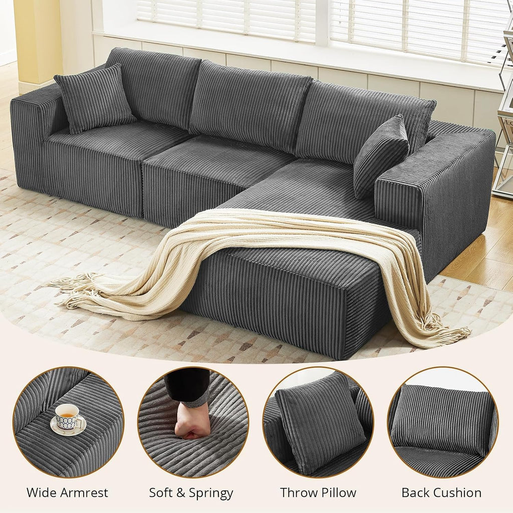 Garvee Boneless Cloud Couch 108' Sectional Modern Comfy l-Shape Convertible Compression Sleeper Modular Sofa with Corduroy Fabric Deep Seat Loveseat + Chaise for Living Room No Assembly Required
