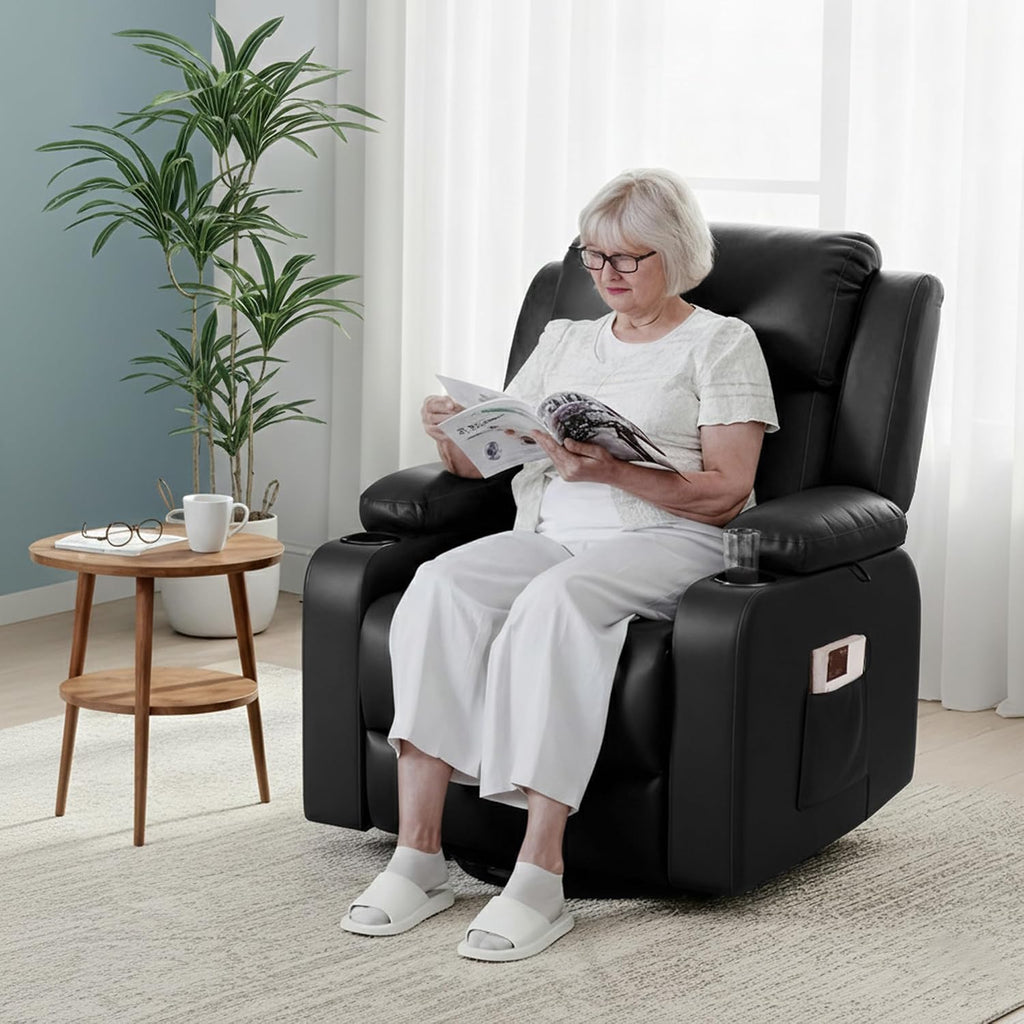 FLEXISPOT XL31 Power Lift Recliner Chair for Elderly, Electric Lift Chair with Massage & Heat, PU Leather Reclining Sofa w/Cup Holders, Side Pockets for Living Room Bedroom(Medium Size,Black)