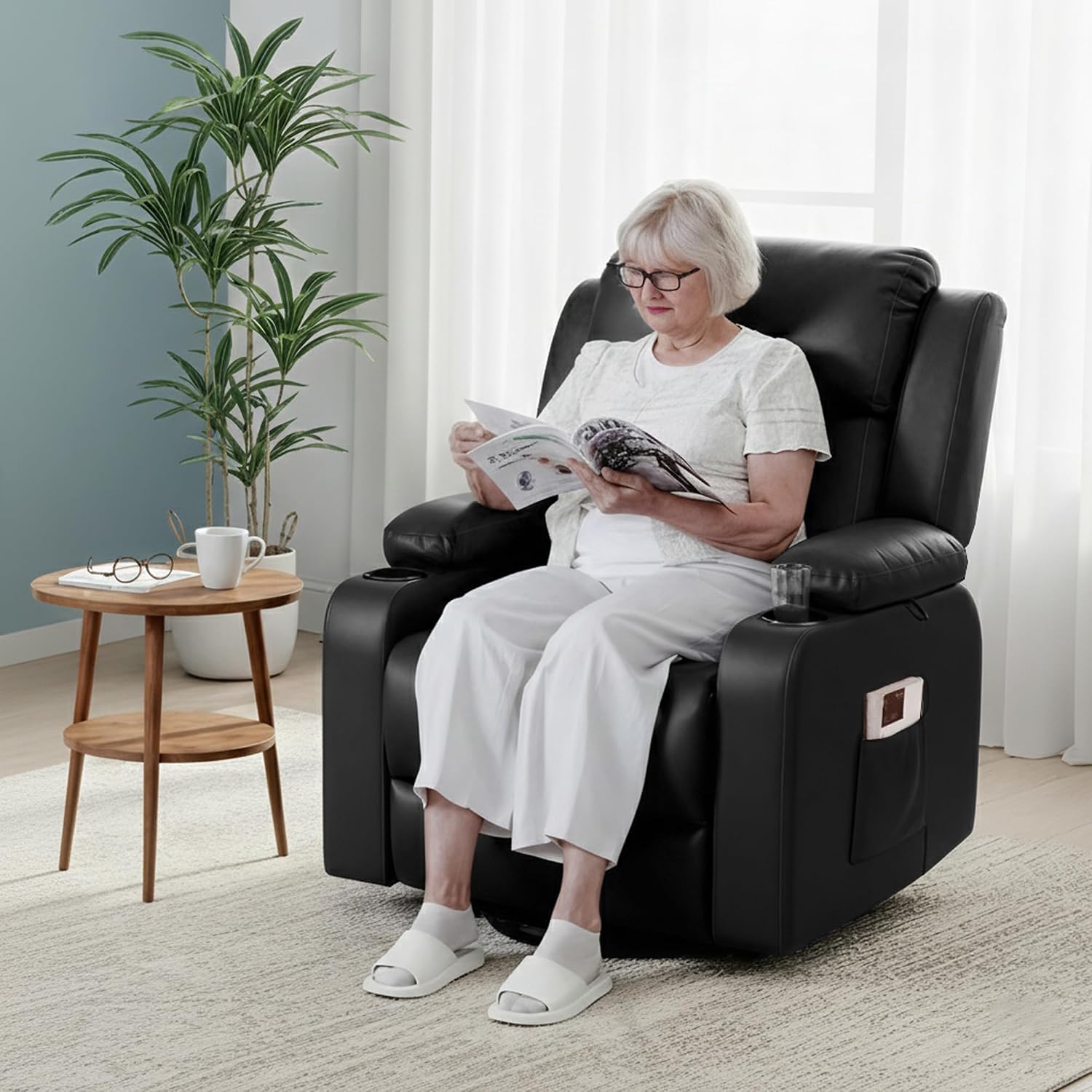 FLEXISPOT XL31 Power Lift Recliner Chair for Elderly, Electric Lift Chair with Massage & Heat, PU Leather Reclining Sofa w/Cup Holders, Side Pockets for Living Room Bedroom(Medium Size,Black)