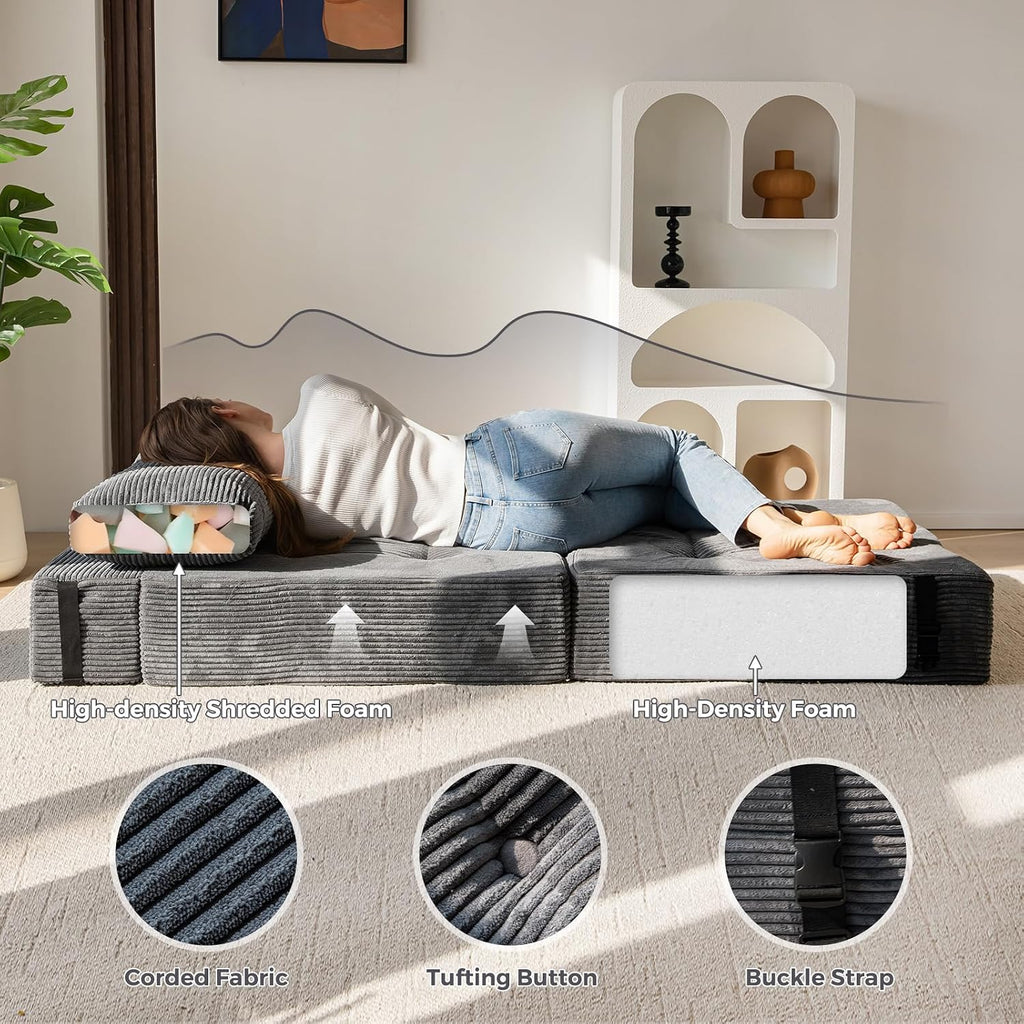 MAXYOYO Folding Sofa Bed, Convertible Sofa Bed with High-Density Support Foam, Portable 4 in 1 Fold Out Chair to Floor Lounger, Versatile Floor Couch for Living Room Bedroom, Dark Grey