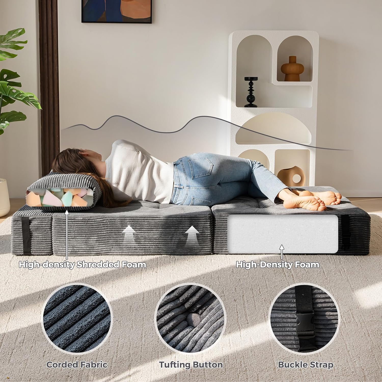 MAXYOYO Folding Sofa Bed, Convertible Sofa Bed with High-Density Support Foam, Portable 4 in 1 Fold Out Chair to Floor Lounger, Versatile Floor Couch for Living Room Bedroom, Dark Grey