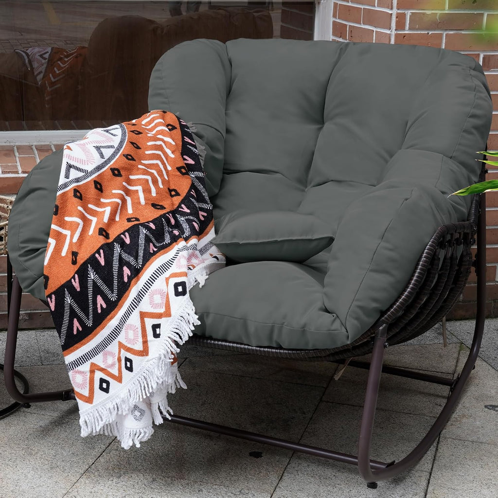 Papasan Rocking Chair Indoor & Outdoor, Oversized Patio Rocking Chairs with Padded Cushion& Pillow-Comfortable Rocker Egg Chair for Front Porch, Garden, Patio, Backyard,Grey,1PC