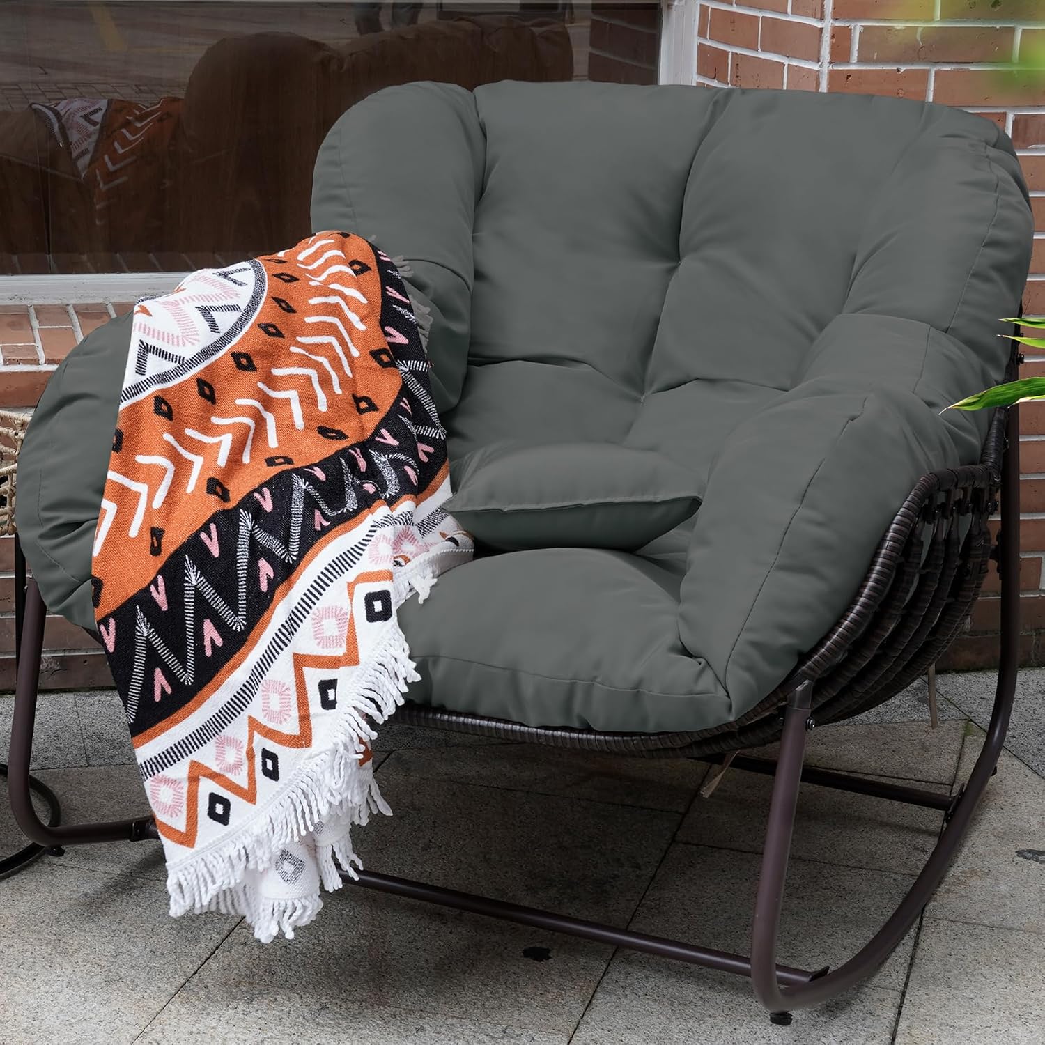 Papasan Rocking Chair Indoor & Outdoor, Oversized Patio Rocking Chairs with Padded Cushion& Pillow-Comfortable Rocker Egg Chair for Front Porch, Garden, Patio, Backyard,Grey,1PC