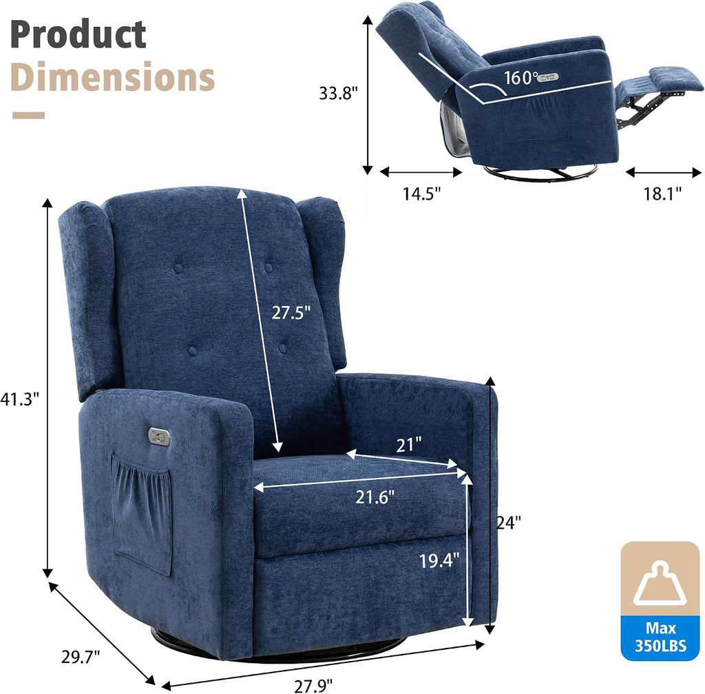 Swivel Rocker Power Recliner Chair for Nursery, 270° Swivel Glider Recliner with USB & Type-C Charging, Electric Reclining Chair with Storage Pockets, Upholstered Recliner for Living Room (NavyBlue)