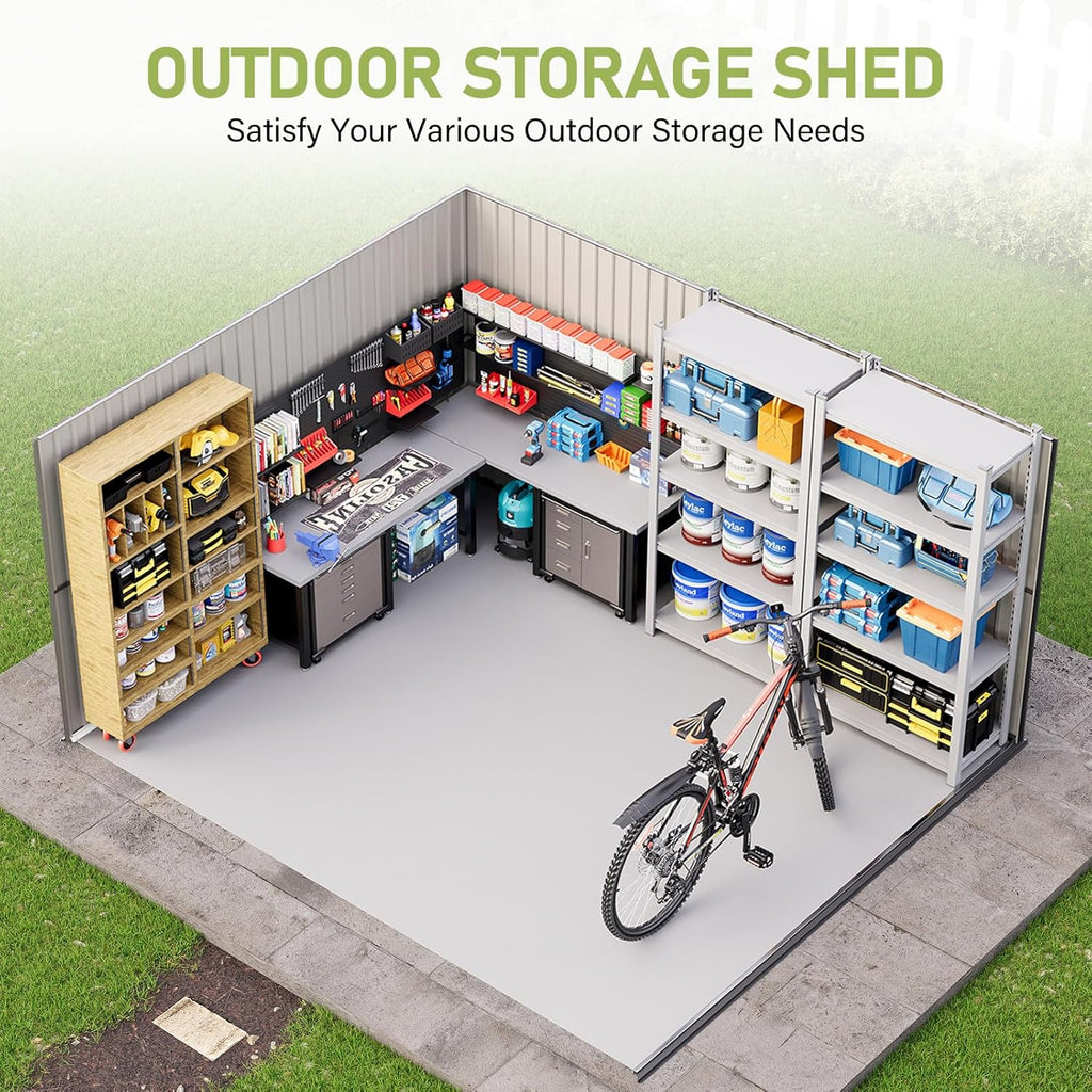 VanAcc 10 x 12FT Outdoor Storage Shed with a Lockable Hinged Door and 2 Windows, Nordic Cottage Metal Shed for Backyard, Garden, Patio, Dark Grey/White