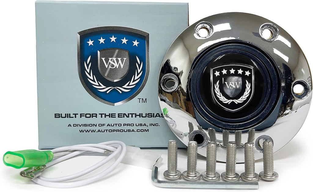 VSW S6 Steering Wheel, Black Leather 6 Bolt Chrome Slotted 3-Spoke ST3012BLK