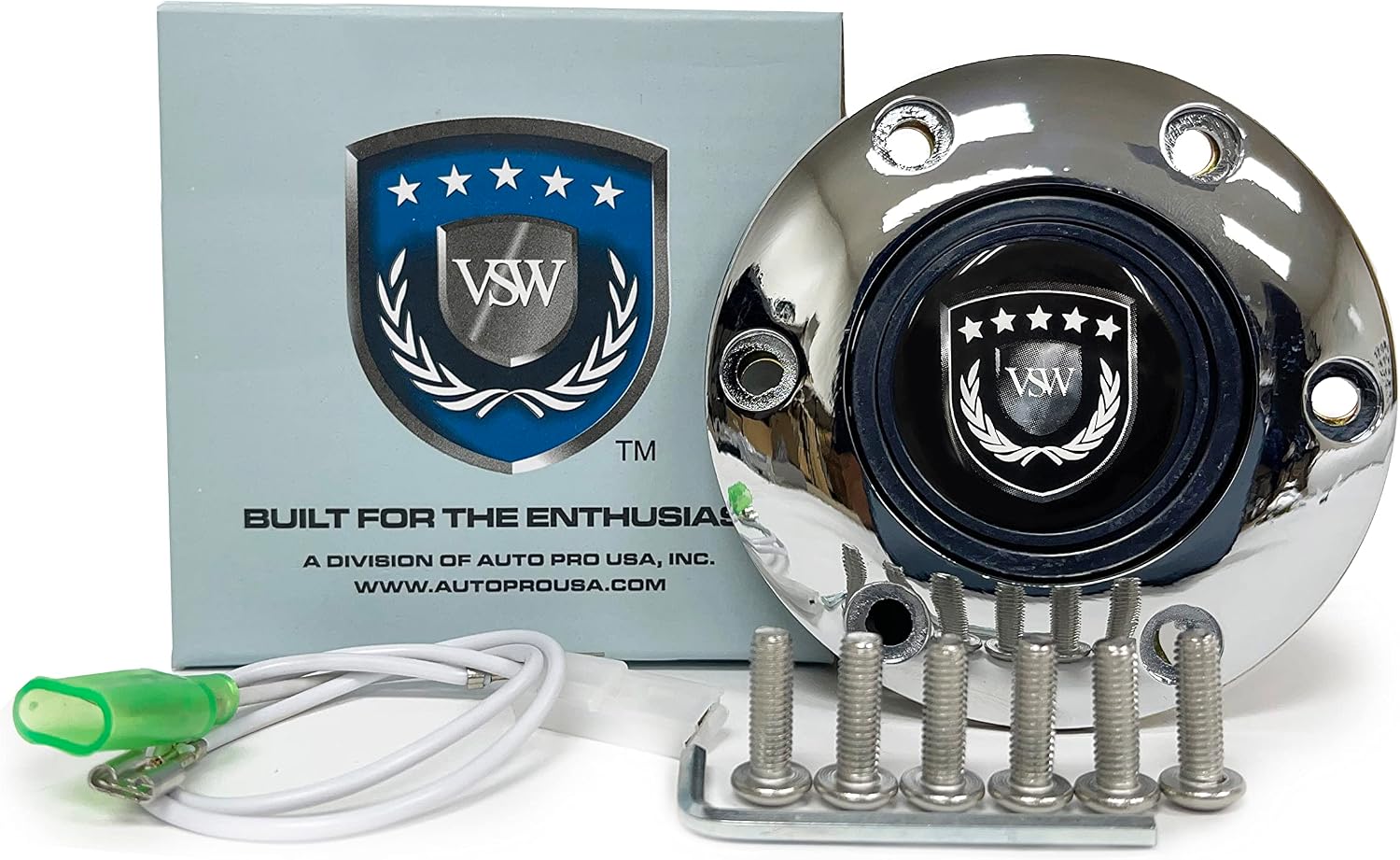 VSW S6 Steering Wheel, Black Leather 6 Bolt Chrome Slotted 3-Spoke ST3012BLK