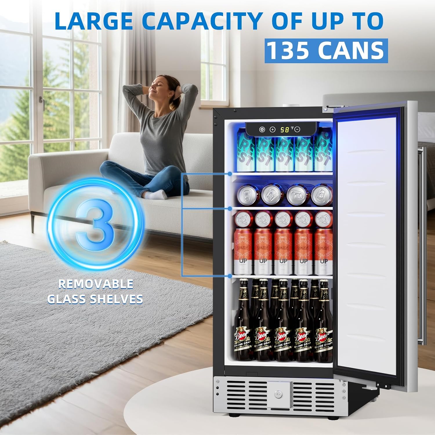 Antarctic Star 15 Inch Outdoor Beverage Refrigerator, 135 Can Stainless Steel Mini Fridge, Undercounter Built-in or Freestanding, Fast Cooling Low Noise Wine Cooler for Home Patio, 32-50°F