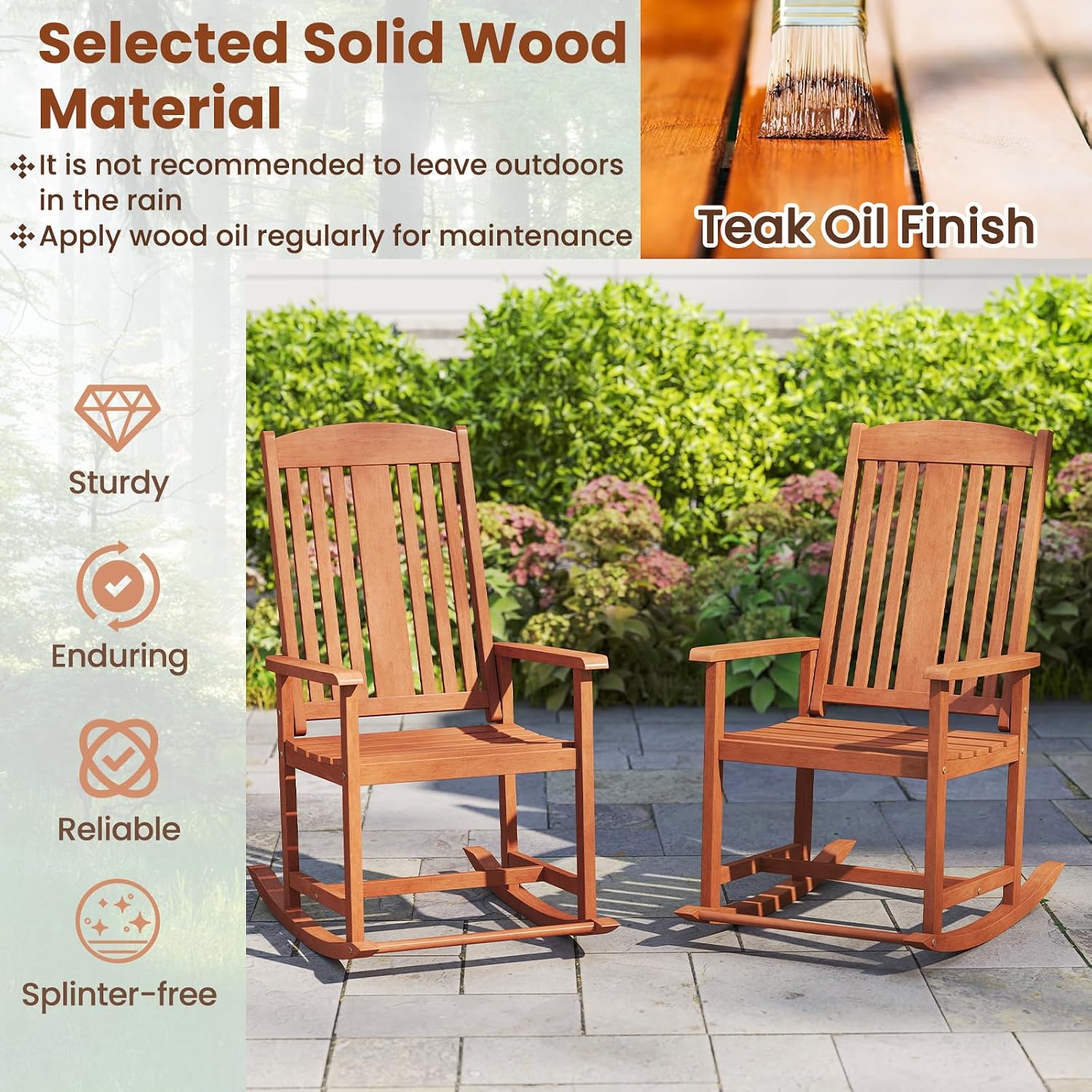 Tangkula Outdoor Patio Wood Rocking Chair, Relaxing Rocker w/High Backrest, Wide Armrests, Curved Seat, for Porch, Patio, Garden, Backyard, 400 LBS Support, Natural (2)
