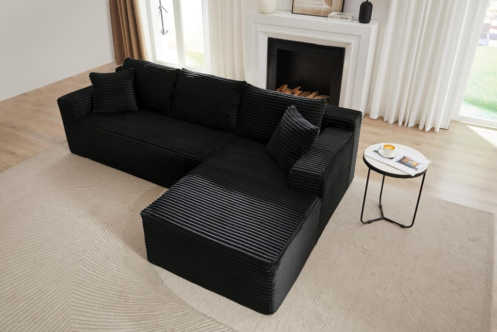 Cloud Couch Sectional, L Shaped Boneless Couch Sectional Couches for Living Room, Modern Comfy Corduroy Fluffy Modular Sofa with Deep Seat, No Assembly (Black, Right Facing Chaise)