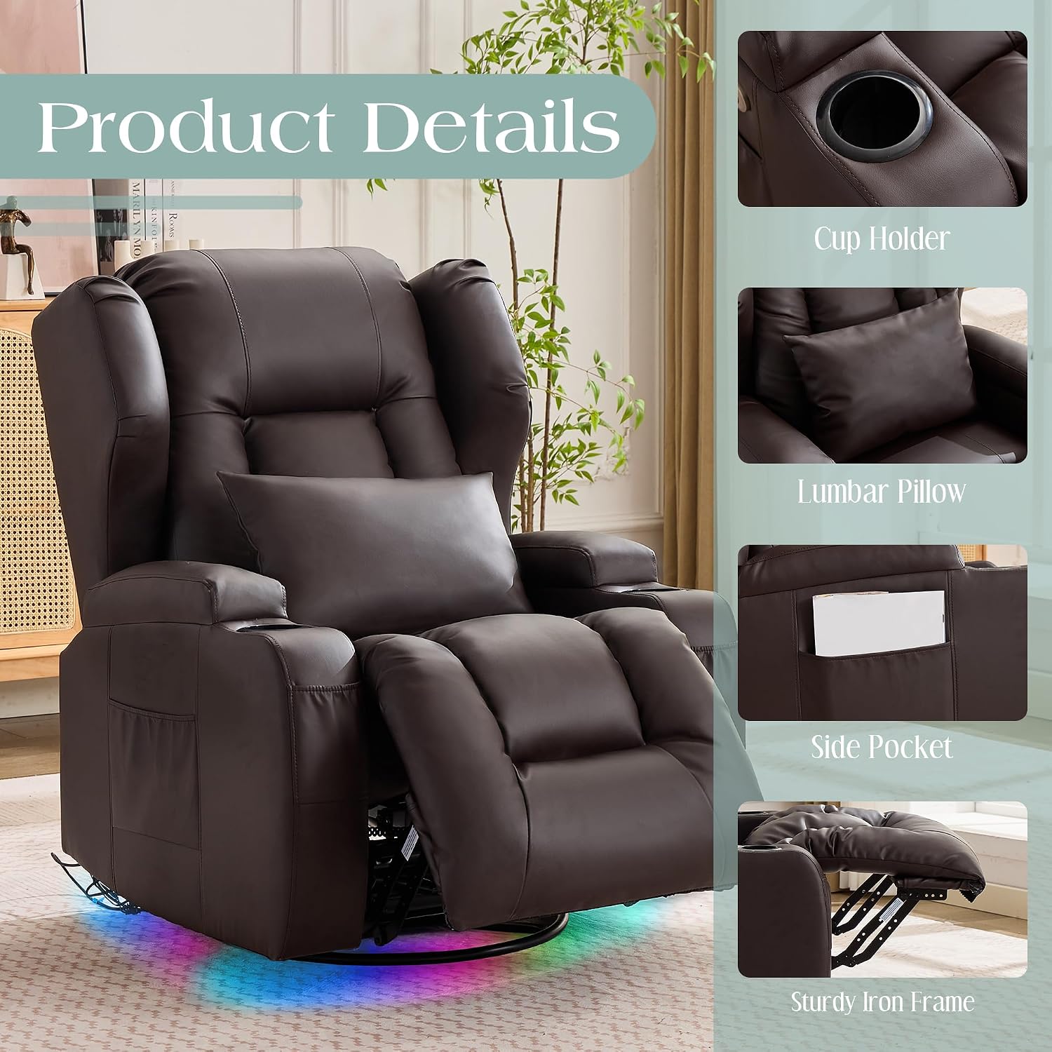 TUNYI Power Recliner Chair - Faux Leather Home Theater Seating Glider Reclining Sofa with Massage & Heat Swivel Rocker Recliner Chair for Living Room with LED Light/USB Port/Lumbar Pillow (PUBrown)