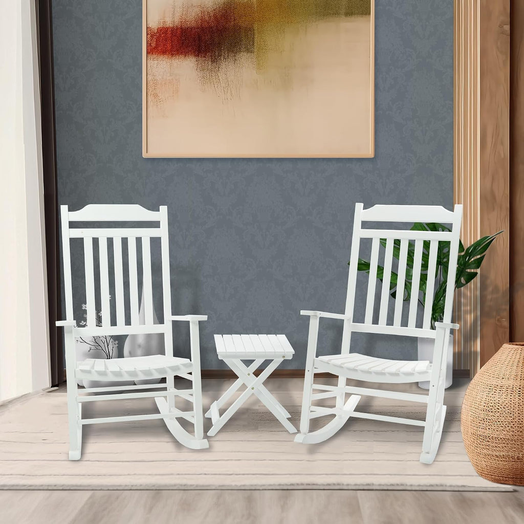 Kozyard 3-Piece Wooden Outdoor Rocking Chair Set with Foldable Side Table, Black Patio Rockers and End Table Furniture Set for Deck, Garden, Porch, Poolside (White/2Chairs+Table)