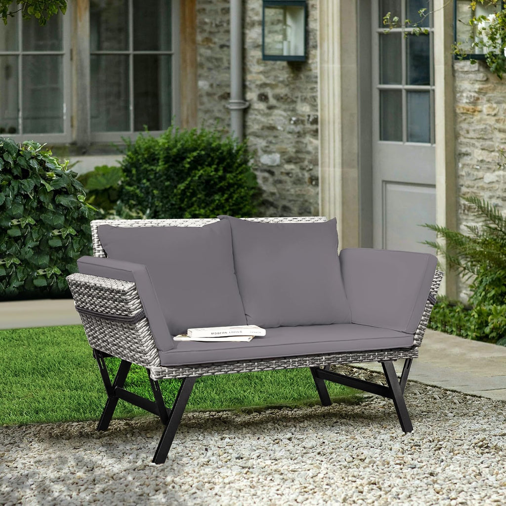 Greesum Outdoor Sofa, Woven Rattan Patio Furniture, Convertible Daybed or Double Chair with Adjustable Armrests, Cushions and Pillows for Yard, Porch, Pool, Gray Lounger & Blue Pillowcase