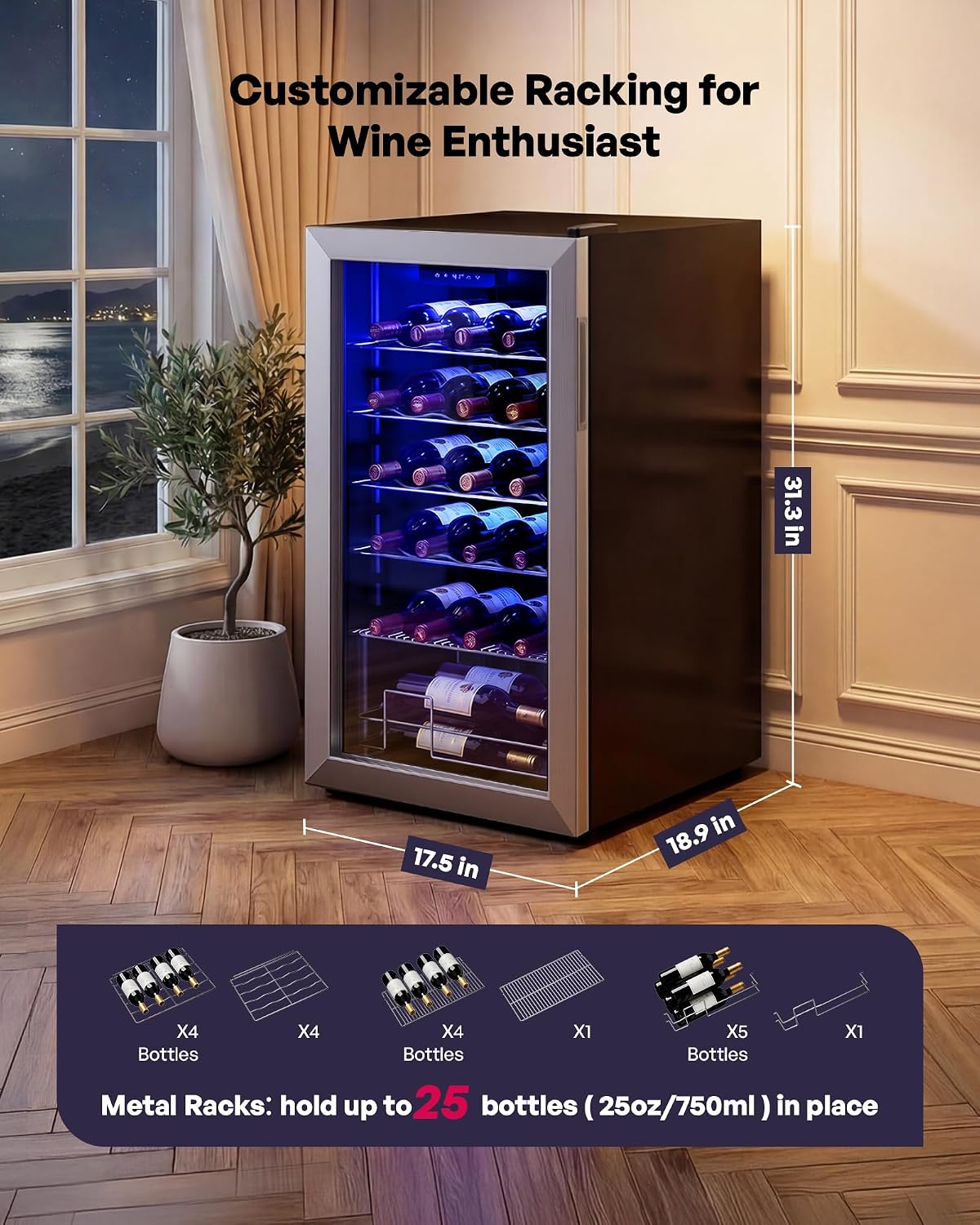 Icyglee 25 Bottle Compressor Wine Cooler Refrigerator, Freestanding Wine Cellar, 41-64°F Adjustable Temperature, Double-layer Glass Door, for Home Bar, Red and White Wine, Silver