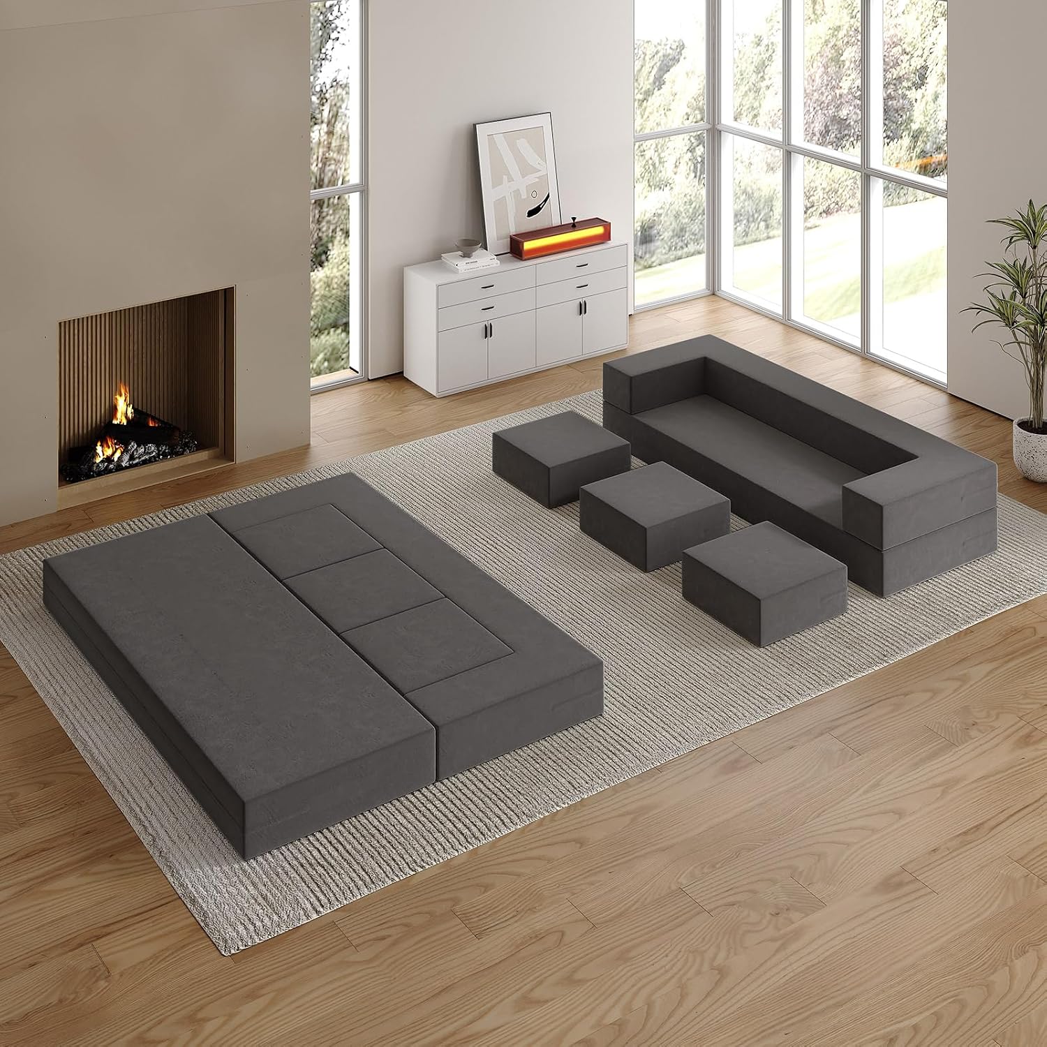 80'' Folding Bed Couch, Foam Floor Sofa with 3Ottomans& Washable Velvet Cover,Modular Sectional Sofa Futon Sleeper Convertible Memory Mattress for Guest/Living Room/Playroom,Queen,Deep Grey