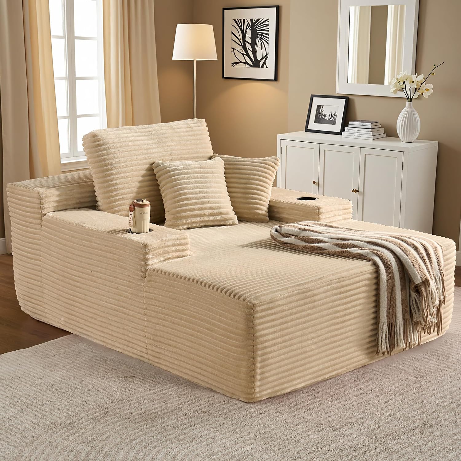 ovios 67'' Chaise Lounge Chair Indoor, Oversized Upholstered Boneless Sofa Bed with Cup Holders, Deep Seat Sleeper Couch, Plush Cloud Sofas Couches for Living Room (Faux Fur, Beige)