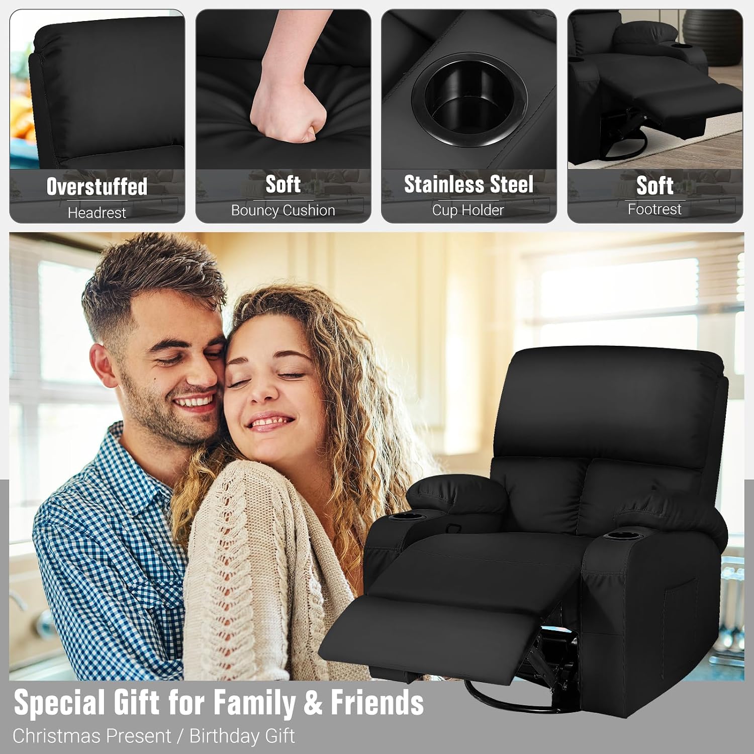 LEVELEVE Rocking Recliner Chair, Massage Rocker Recliner Chair with Vibration Massage and Heat, USB and Type-C Ports,360° Swivel Faux Leather Chairs, Living Room, Bedroom, Nursery, RV, Black