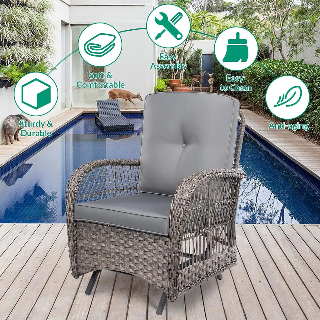 VIVIJASON 2-Piece Outdoor Wicker Glider Rocking Chair, Patio Rattan Swing Glider Chairs with Cushions & Steel Frame, All-Weather Gliding Lawn Wicker Furniture for Garden Backyard Porch, Grey