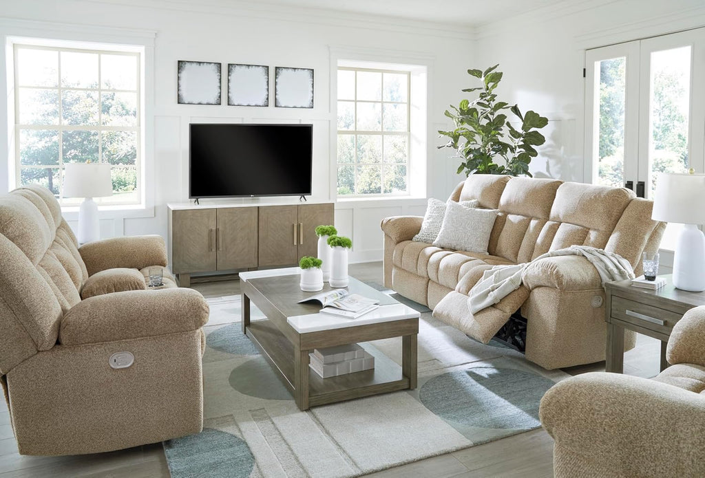 Signature Design by Ashley Tip-Off Classic Wall Hugger Power Reclining Loveseat with Adjustable Headrest, USB Ports, Storage and Cup Holders, Light Brown