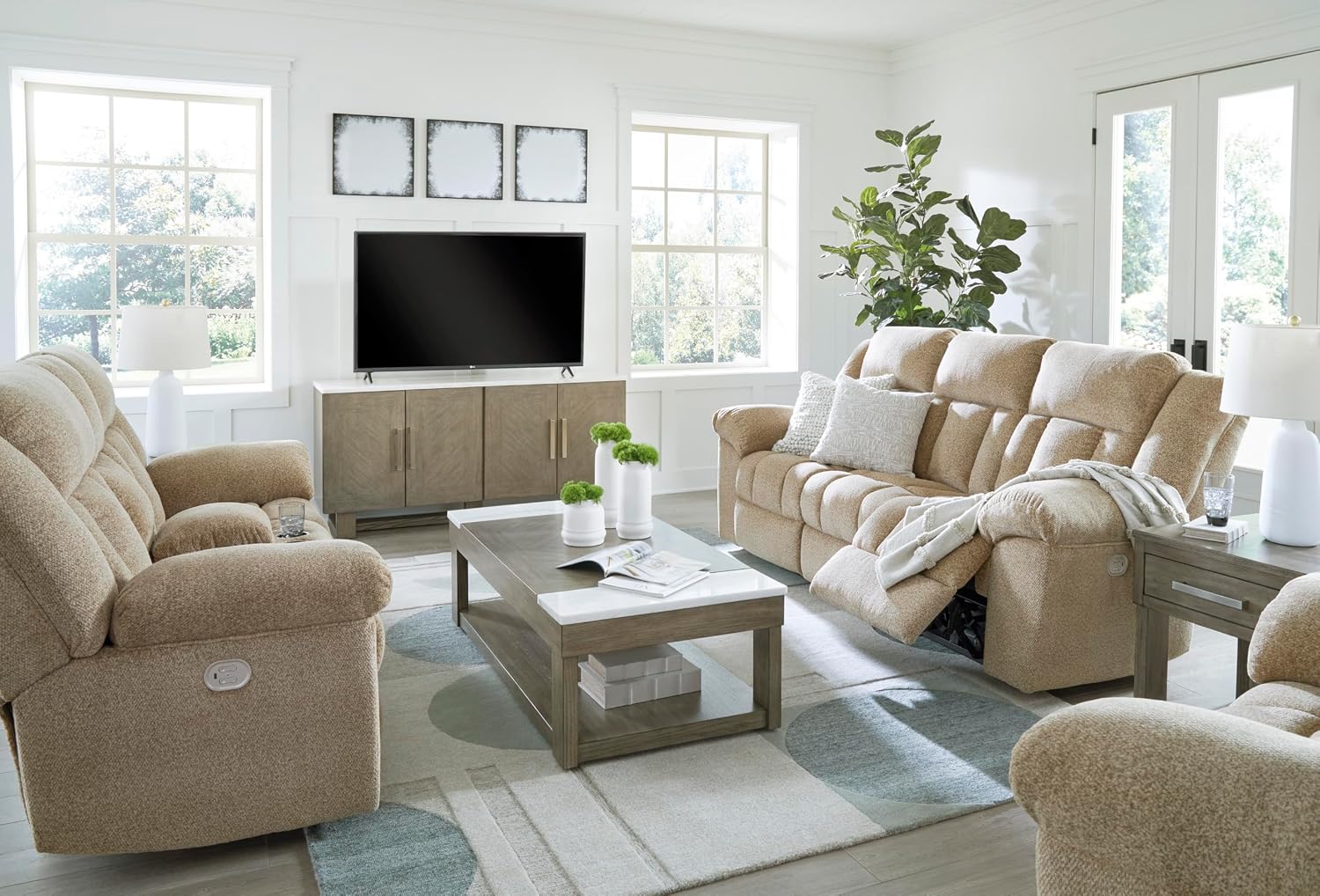 Signature Design by Ashley Tip-Off Classic Wall Hugger Power Reclining Loveseat with Adjustable Headrest, USB Ports, Storage and Cup Holders, Light Brown